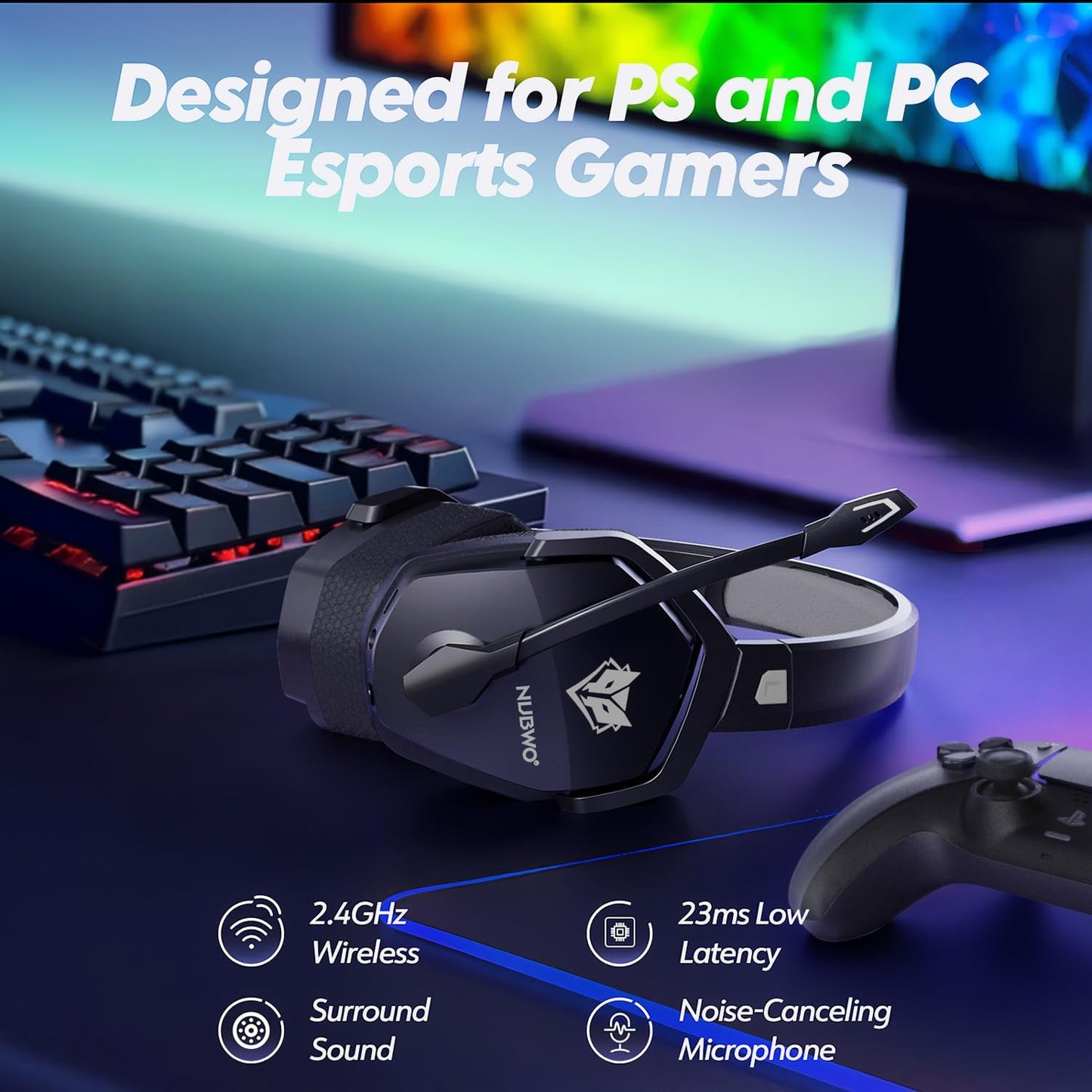 NUBWO Wireless Gaming Headset with Mic for Ps5 Ps4 PC, Zero Interference, 100-Hour Battery All-Day Play, 23ms Sync for Fortnite & Call of Duty/FPS Gamers, Triple Mode All Devices Compatible - Orange