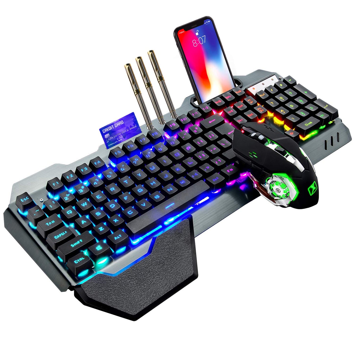 Wireless Gaming Keyboard and Mouse,Rainbow Backlit Rechargeable Keyboard Mouse with 3800mAh Battery Metal Panel,Removable Hand Rest Mechanical Feel Keyboard and 7 Color Gaming Mute Mice for PC Gamers