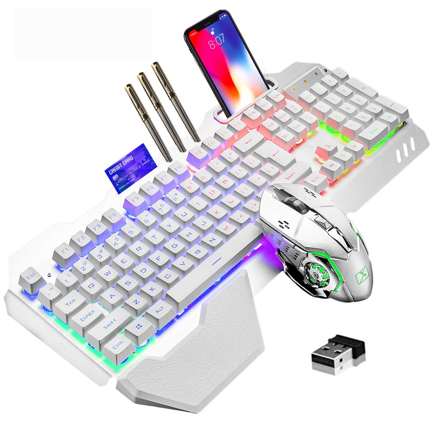 Wireless Gaming Keyboard and Mouse,Rainbow Backlit Rechargeable Keyboard Mouse with 3800mAh Battery Metal Panel,Removable Hand Rest Mechanical Feel Keyboard and 7 Color Gaming Mute Mice for PC Gamers