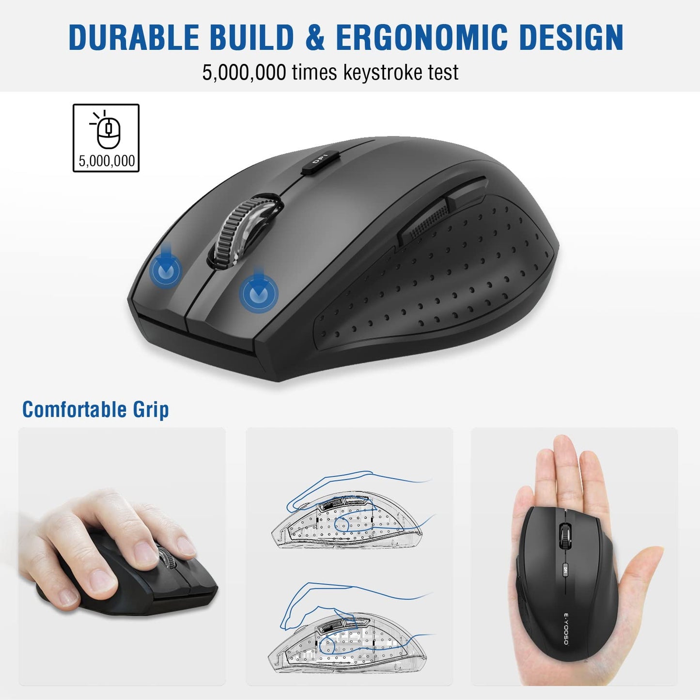 E-YOOSO Wireless Mouse for Laptop, Portable Optical Computer Mouse, 6 Buttons, Cordless 2.4GHz with USB Receiver, 5-Level 4800 DPI, 18 Months Battery Life for PC Chromebook Windows Mac