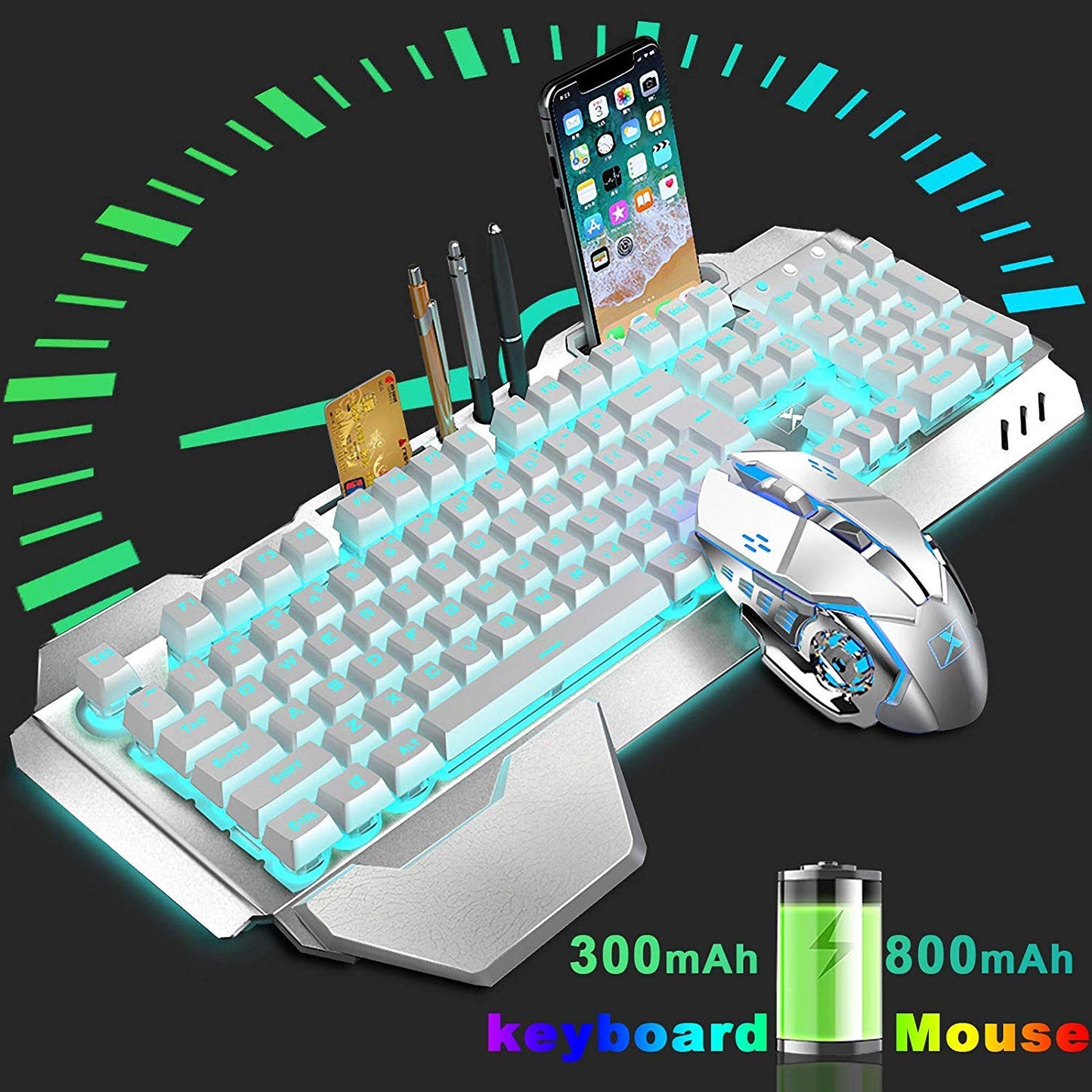 Wireless Gaming Keyboard and Mouse,Rainbow Backlit Rechargeable Keyboard Mouse with 3800mAh Battery Metal Panel,Removable Hand Rest Mechanical Feel Keyboard and 7 Color Gaming Mute Mice for PC Gamers