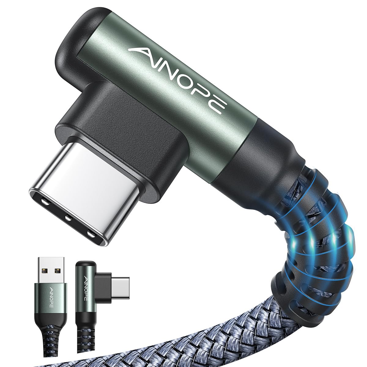 AINOPE 2-Pack Type C Charging Cable 3.1A Fast Charge, Right Angle [6.6ft+6.6ft] USB C Cable, Durable Nylon Braided Type C Charging Cable Fast Charge Compatible Galaxy S10 S9 S21, LG V30,V20,G6