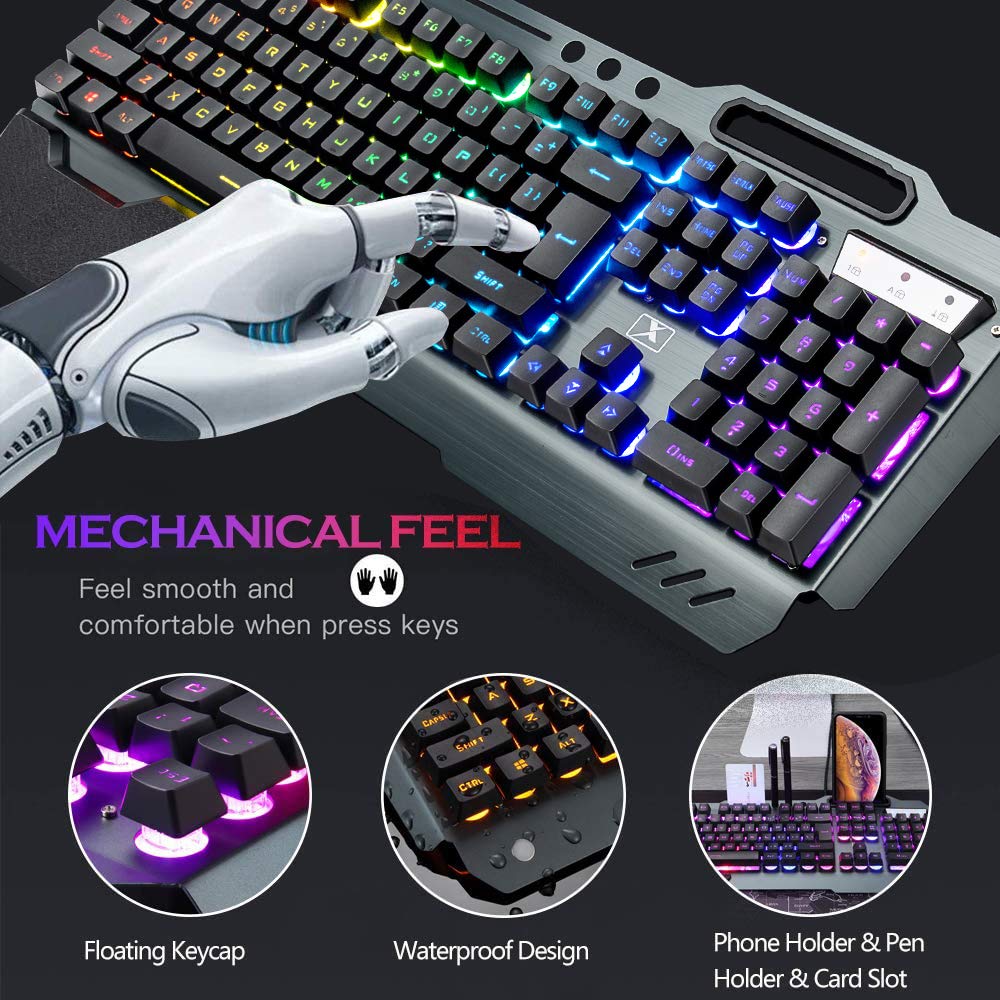Wireless Gaming Keyboard and Mouse,Rainbow Backlit Rechargeable Keyboard Mouse with 3800mAh Battery Metal Panel,Removable Hand Rest Mechanical Feel Keyboard and 7 Color Gaming Mute Mice for PC Gamers