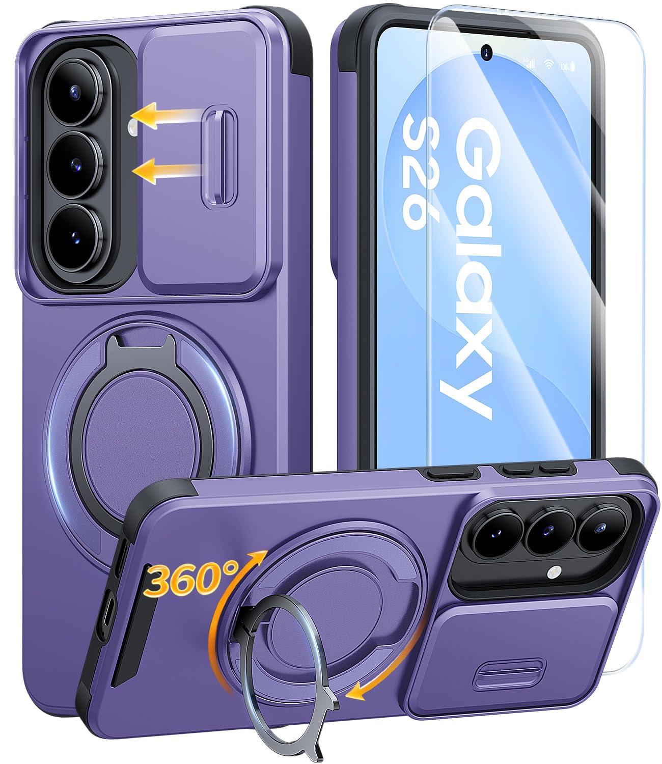 JAME for Samsung Galaxy S26 Ultra Case with Ring Stand & Slide Camera Cover | Ring Holder Kickstand, Screen Protectors, Dual-Layer Shockproof Protective, Magnetic Accessory Friendly Phone Case, Purple
