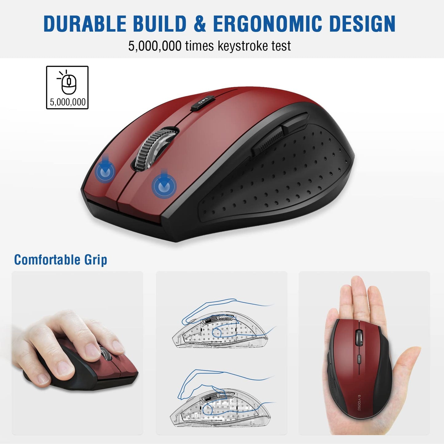 E-YOOSO Wireless Mouse for Laptop, Portable Optical Computer Mouse, 6 Buttons, Cordless 2.4GHz with USB Receiver, 5-Level 4800 DPI, 18 Months Battery Life for PC Chromebook Windows Mac