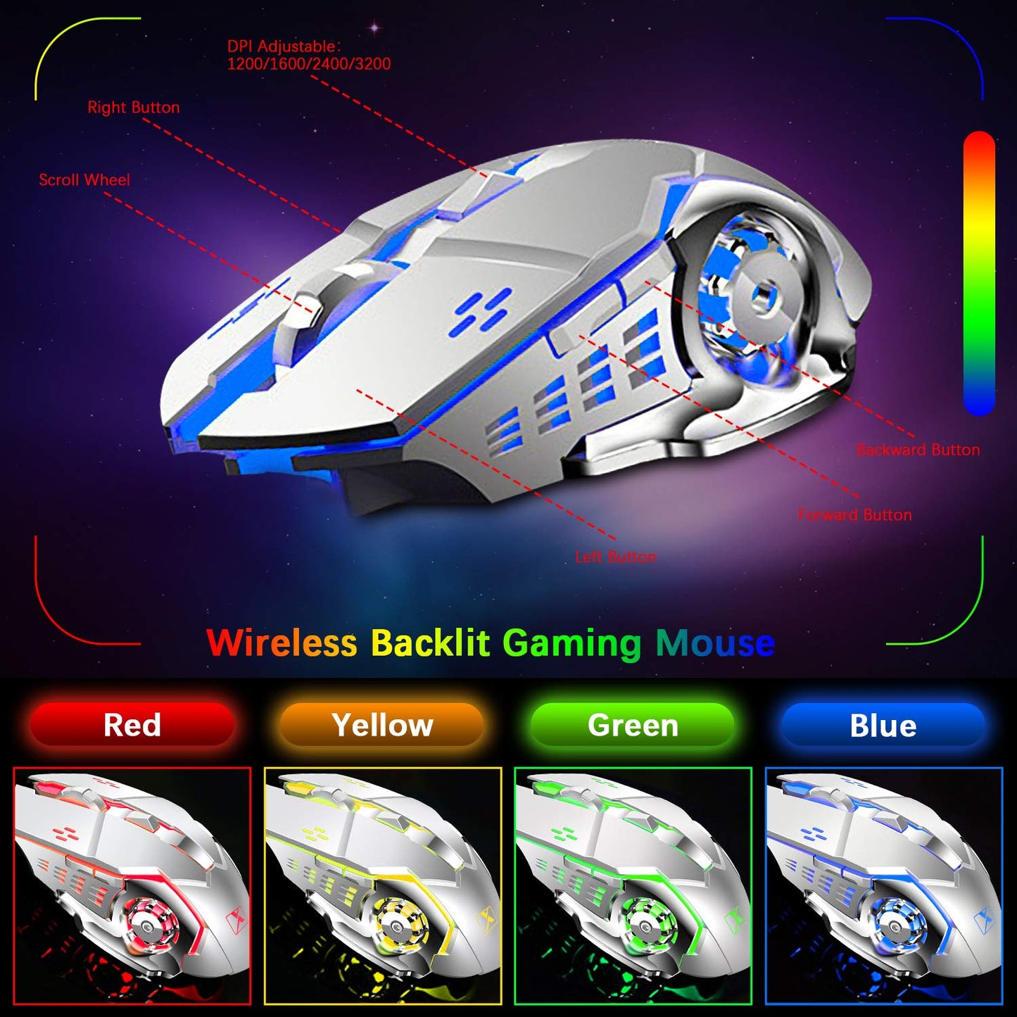 Wireless Gaming Keyboard and Mouse,Rainbow Backlit Rechargeable Keyboard Mouse with 3800mAh Battery Metal Panel,Removable Hand Rest Mechanical Feel Keyboard and 7 Color Gaming Mute Mice for PC Gamers