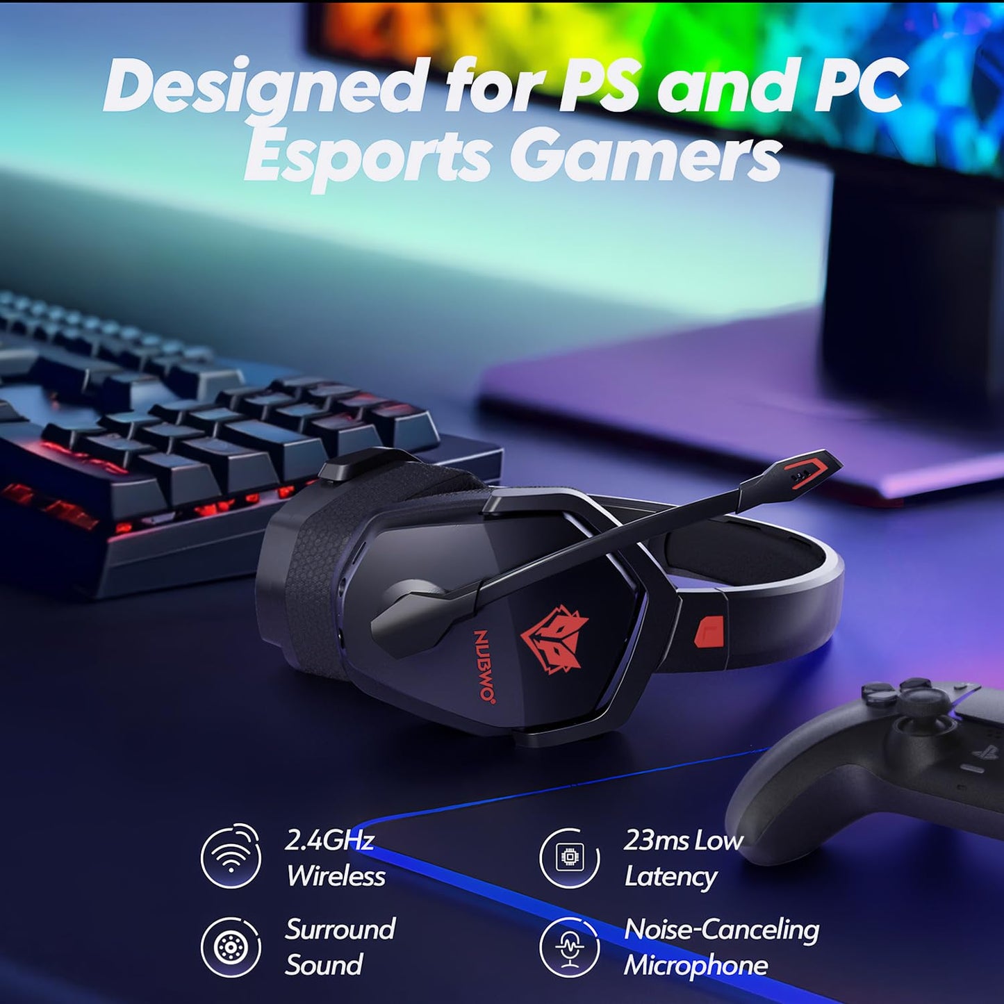 NUBWO Wireless Gaming Headset with Mic for Ps5 Ps4 PC, Zero Interference, 100-Hour Battery All-Day Play, 23ms Sync for Fortnite & Call of Duty/FPS Gamers, Triple Mode All Devices Compatible - Orange