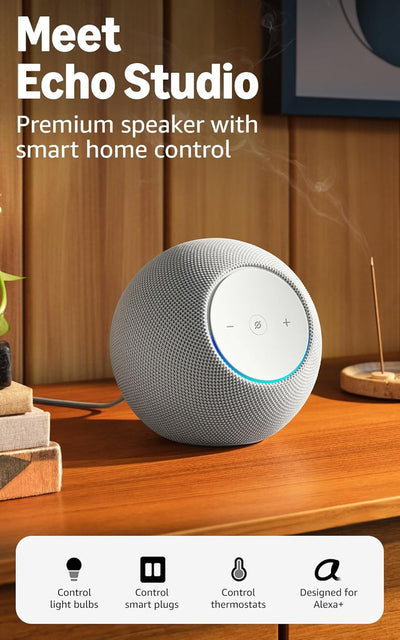 Amazon Echo Studio (newest model), compact design, immersive spatial audio and Dolby Atmos, Designed for Alexa+, Glacier White