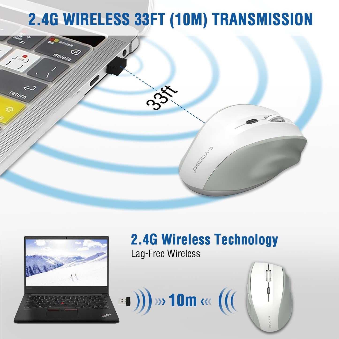 E-YOOSO Wireless Mouse for Laptop, Portable Optical Computer Mouse, 6 Buttons, Cordless 2.4GHz with USB Receiver, 5-Level 4800 DPI, 18 Months Battery Life for PC Chromebook Windows Mac
