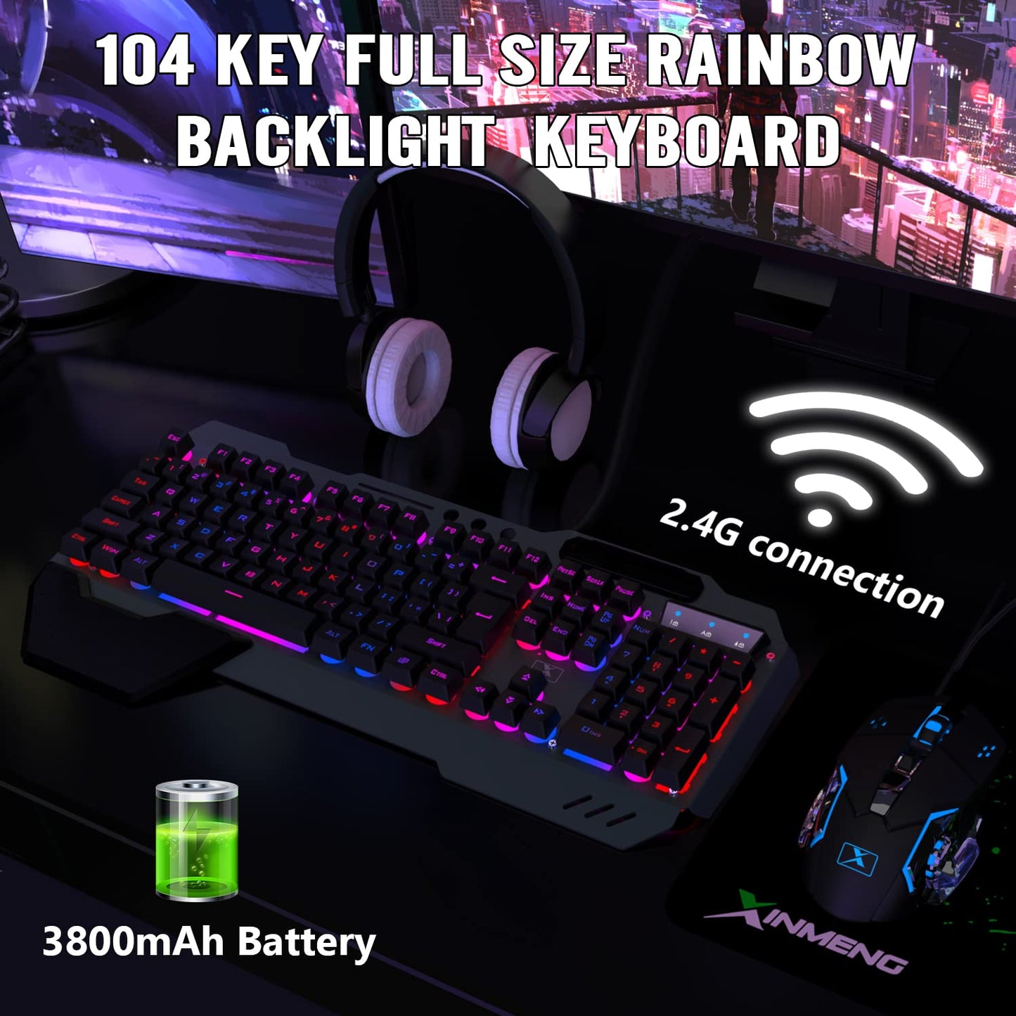 Wireless Gaming Keyboard and Mouse,Rainbow Backlit Rechargeable Keyboard Mouse with 3800mAh Battery Metal Panel,Removable Hand Rest Mechanical Feel Keyboard and 7 Color Gaming Mute Mice for PC Gamers