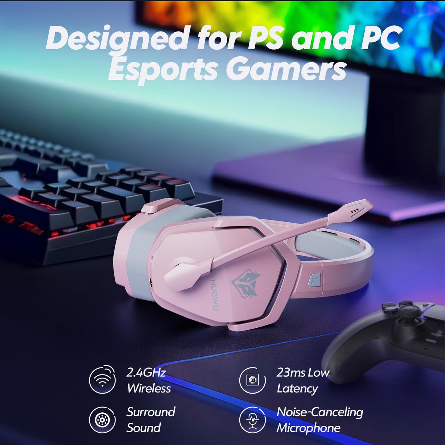 NUBWO Wireless Gaming Headset with Mic for Ps5 Ps4 PC, Zero Interference, 100-Hour Battery All-Day Play, 23ms Sync for Fortnite & Call of Duty/FPS Gamers, Triple Mode All Devices Compatible - Orange