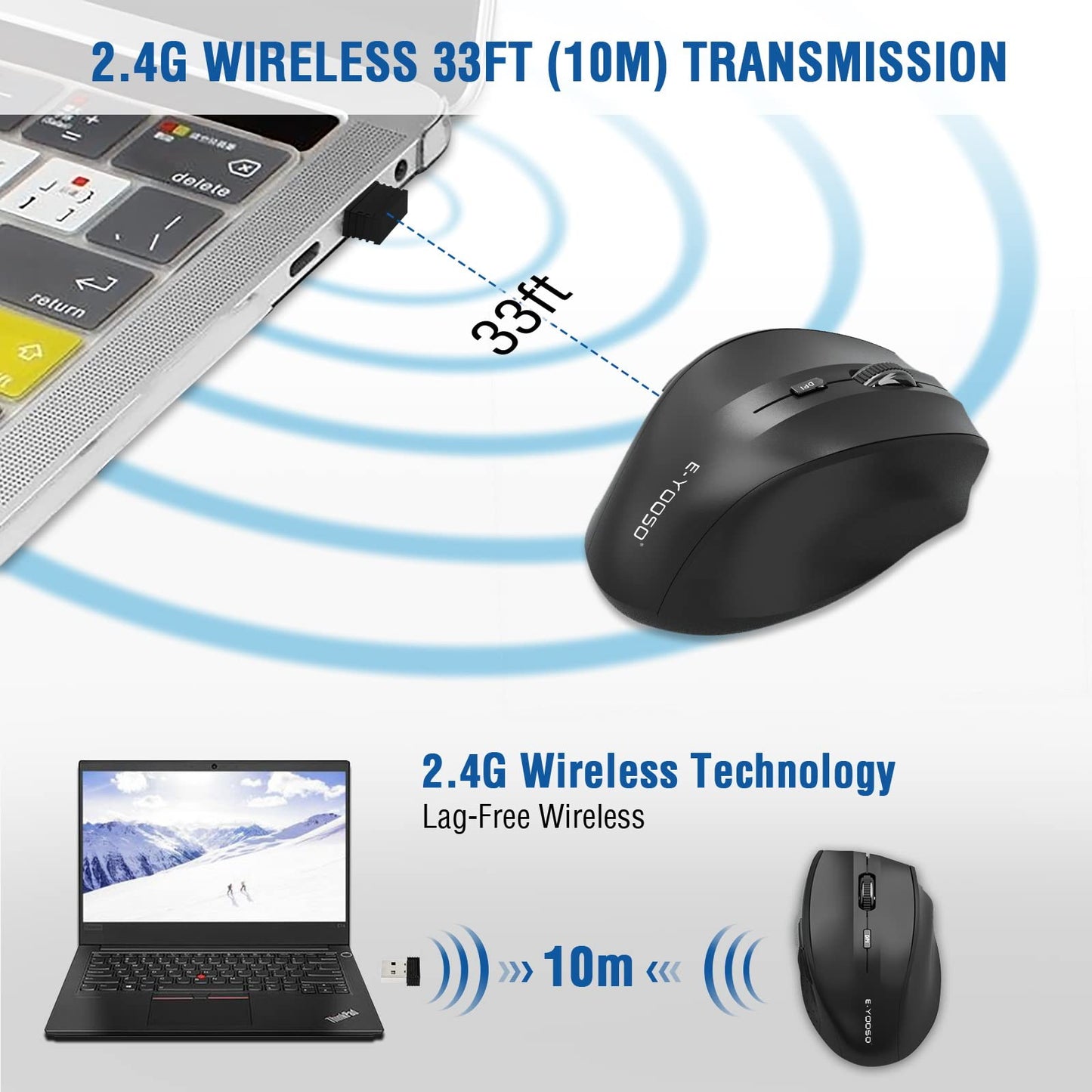 E-YOOSO Wireless Mouse for Laptop, Portable Optical Computer Mouse, 6 Buttons, Cordless 2.4GHz with USB Receiver, 5-Level 4800 DPI, 18 Months Battery Life for PC Chromebook Windows Mac