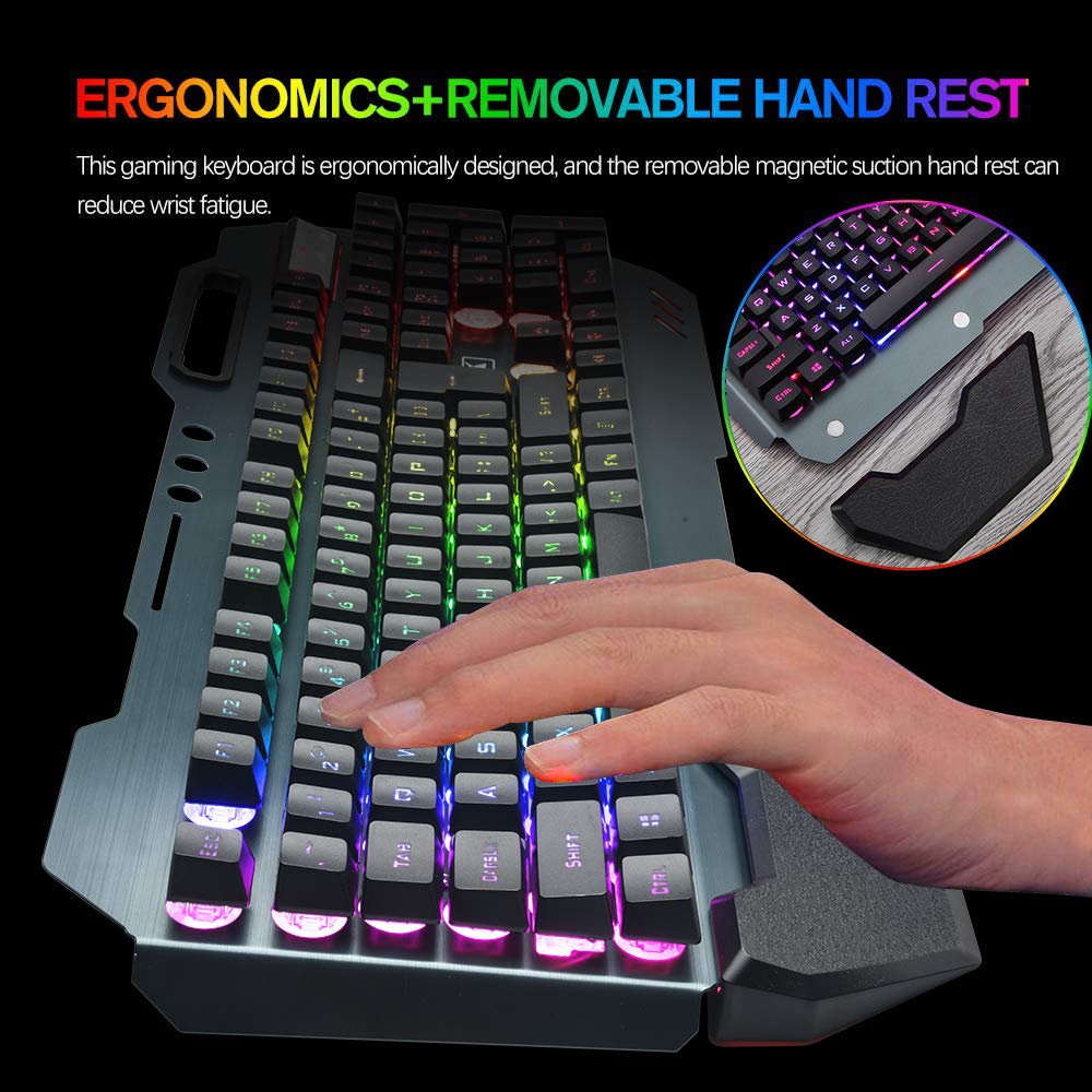 Wireless Gaming Keyboard and Mouse,Rainbow Backlit Rechargeable Keyboard Mouse with 3800mAh Battery Metal Panel,Removable Hand Rest Mechanical Feel Keyboard and 7 Color Gaming Mute Mice for PC Gamers