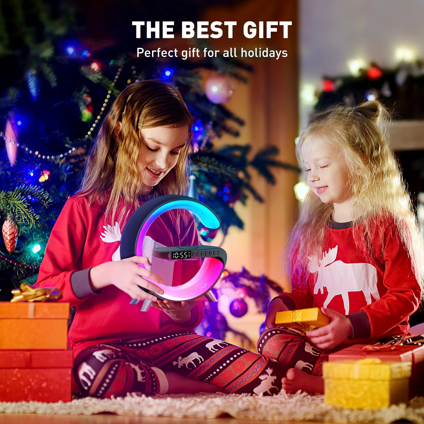Bluetooth Atmosphere Lamp Alarm Clock, 15W Fast Wireless Charger, Dimmable Night Light