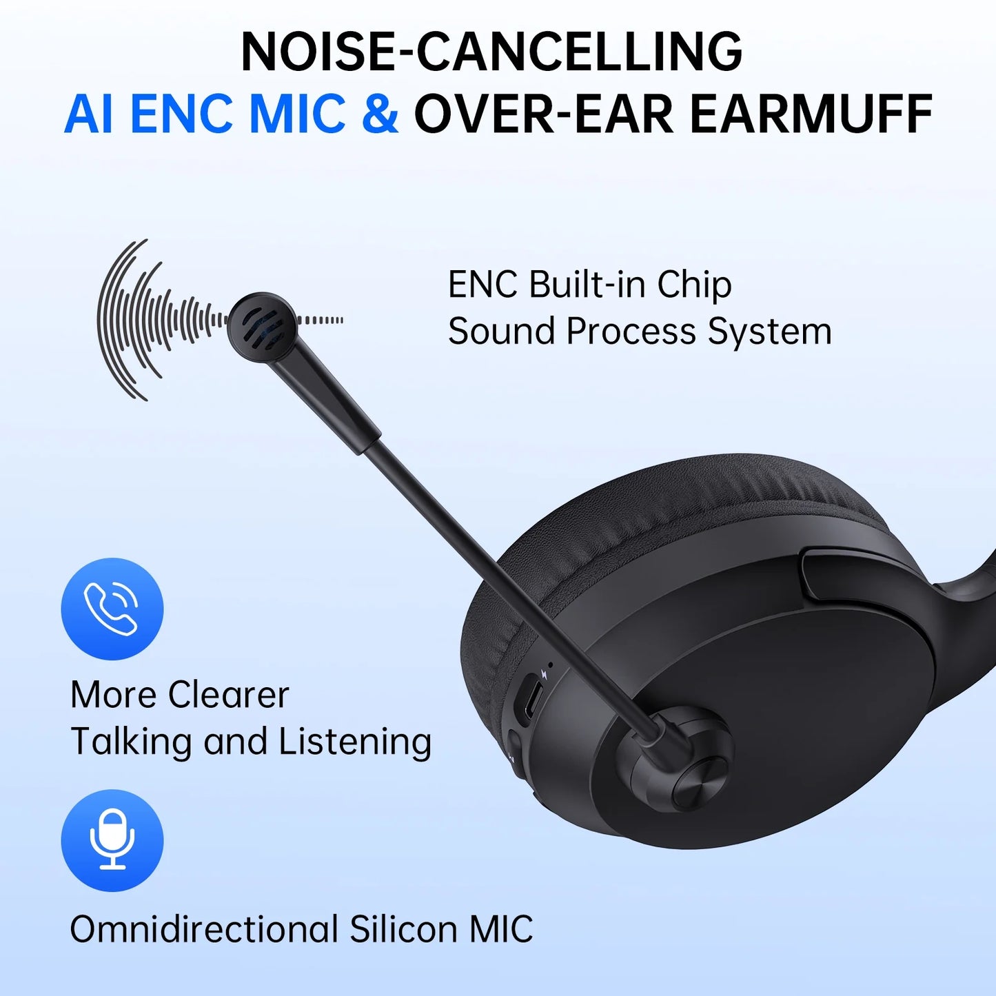 Wireless Headset with Mic AI Noise Cancelling, Black