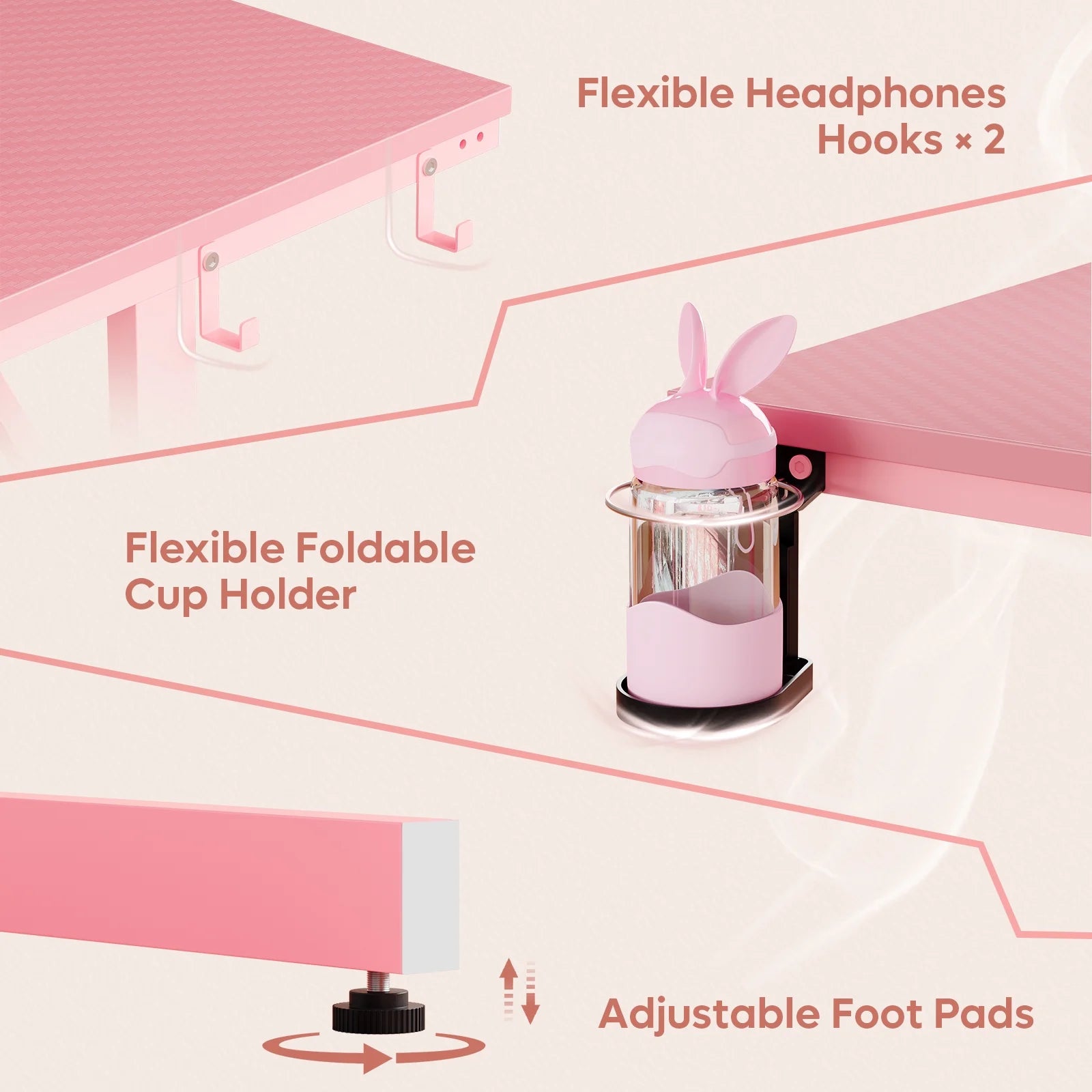 52 Inch Gaming Desk with Power Strip and LED Monitor Stand, Carbon Fiber Pink