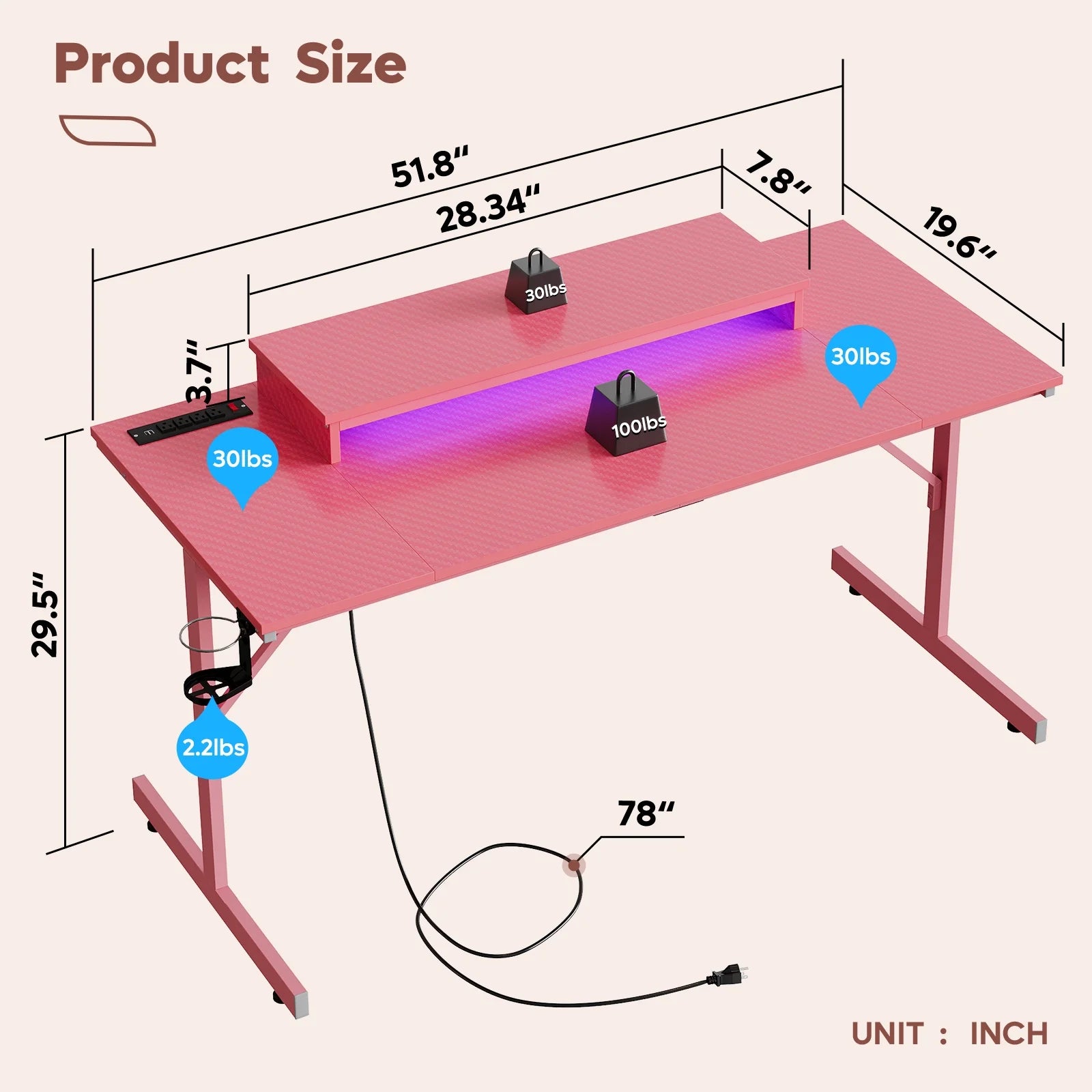 52 Inch Gaming Desk with Power Strip and LED Monitor Stand, Carbon Fiber Pink