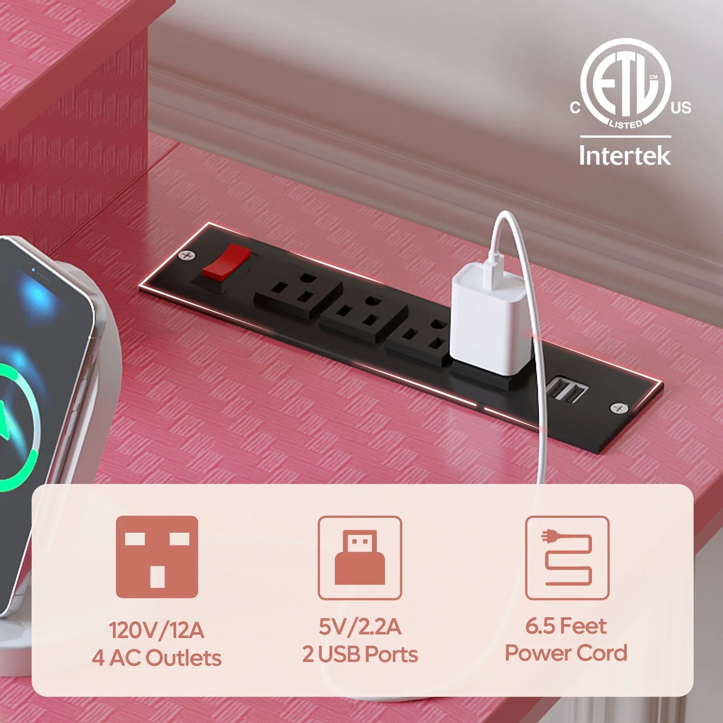 52 Inch Gaming Desk with Power Strip and LED Monitor Stand, Carbon Fiber Pink