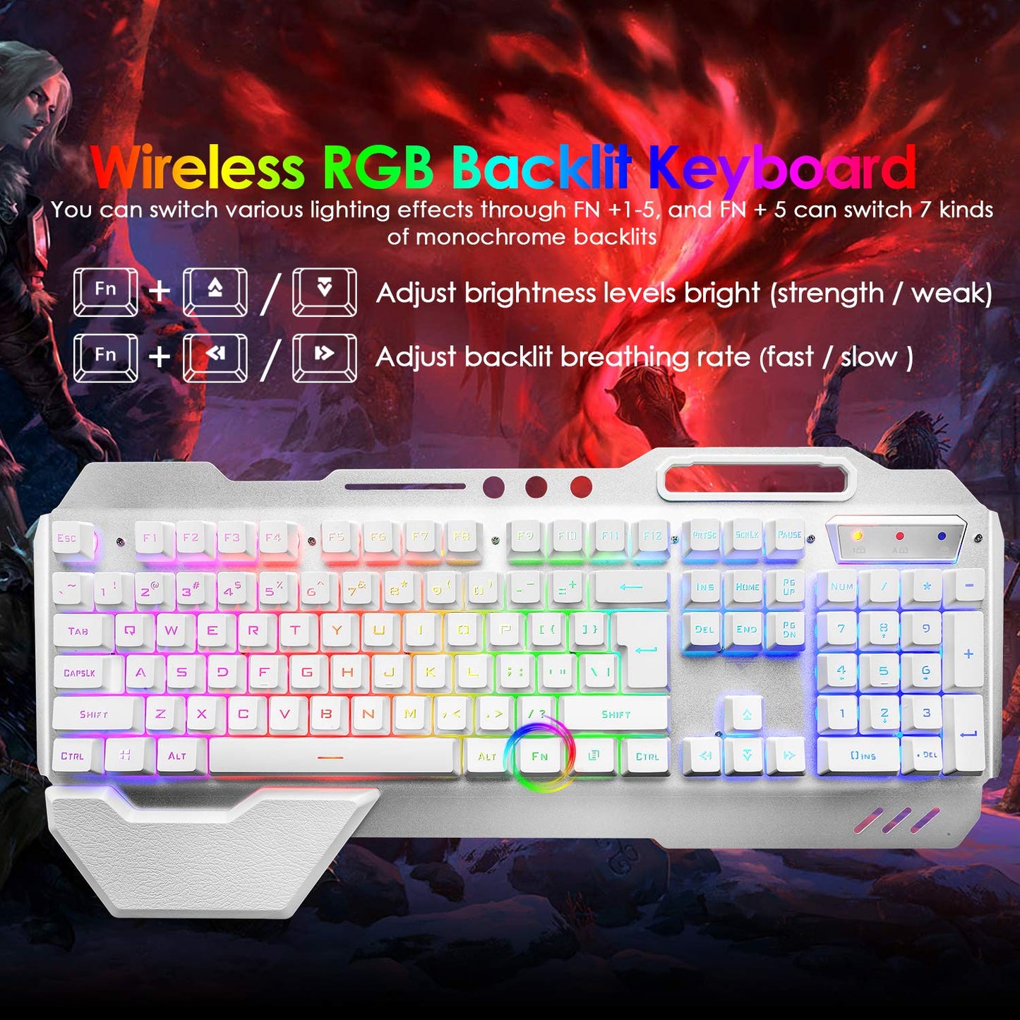 Wireless Gaming Keyboard and Mouse,Rainbow Backlit Rechargeable Keyboard Mouse with 3800mAh Battery Metal Panel,Removable Hand Rest Mechanical Feel Keyboard and 7 Color Gaming Mute Mice for PC Gamers