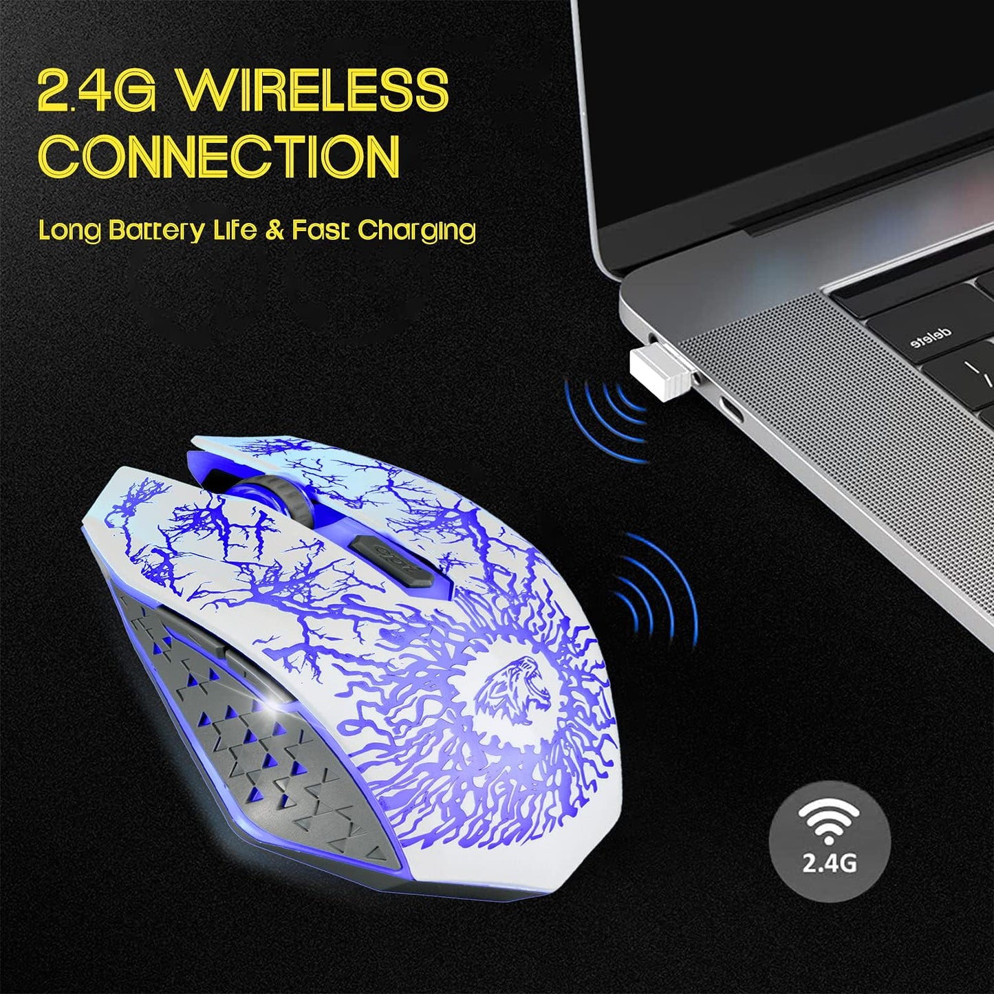 VEGCOO Wireless Gaming Mouse, Rechargeable Gaming Mouse, Silent Optical Mice with 2.4G USB Receiver, 3 Level DPI, 6 Buttons, 7 Colors LED Lights for PC/Mac Gamer, Laptop and Desktop