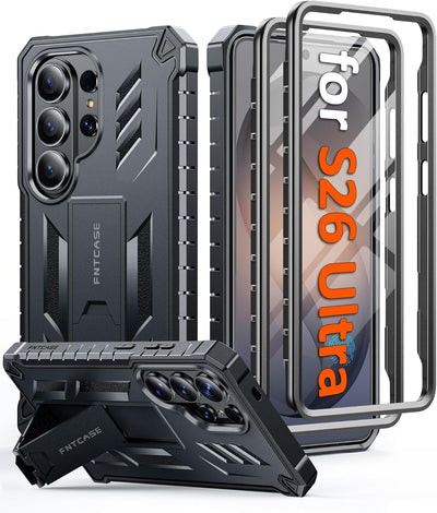 FNTCASE for Samsung Galaxy S26-Ultra Case: [Built-in Screen Protector & Kickstand] [2 Front Frames] [Military-Grade Drop Protection] Heavy Duty Shockproof Rugged TPU Case Full Body Protective Black