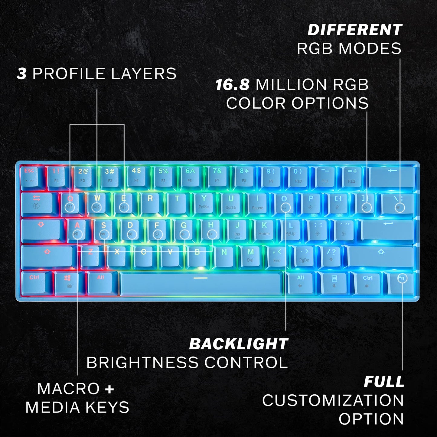 HK GAMING GK61 Mechanical Gaming Keyboard - 61 Keys Multi Color RGB Illuminated LED Backlit Wired Programmable for PC/Mac Gamer (Gateron Optical Brown, White)