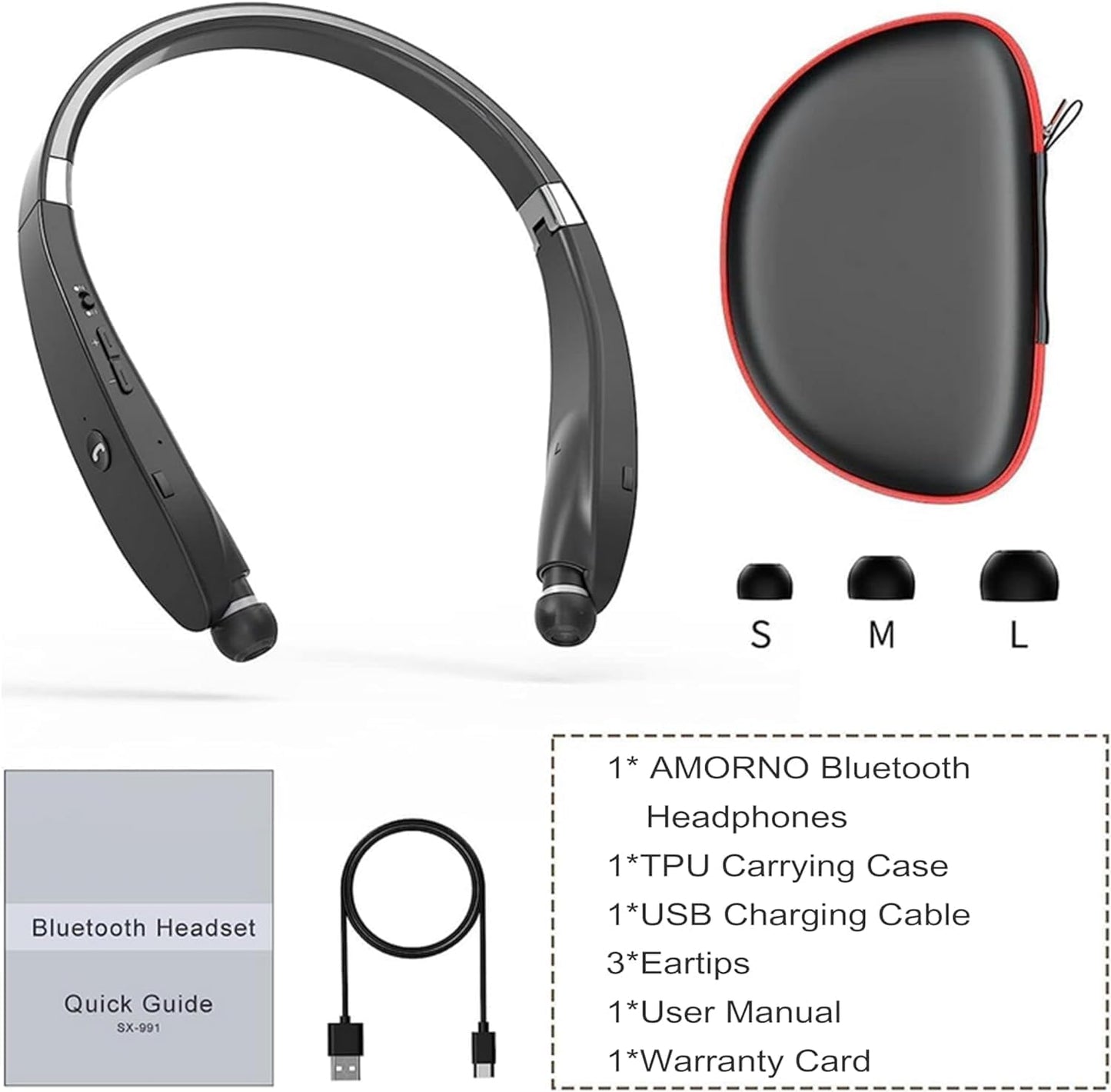 Foldable Bluetooth Headphones Wireless Neckband Headset with Retractable Earbuds