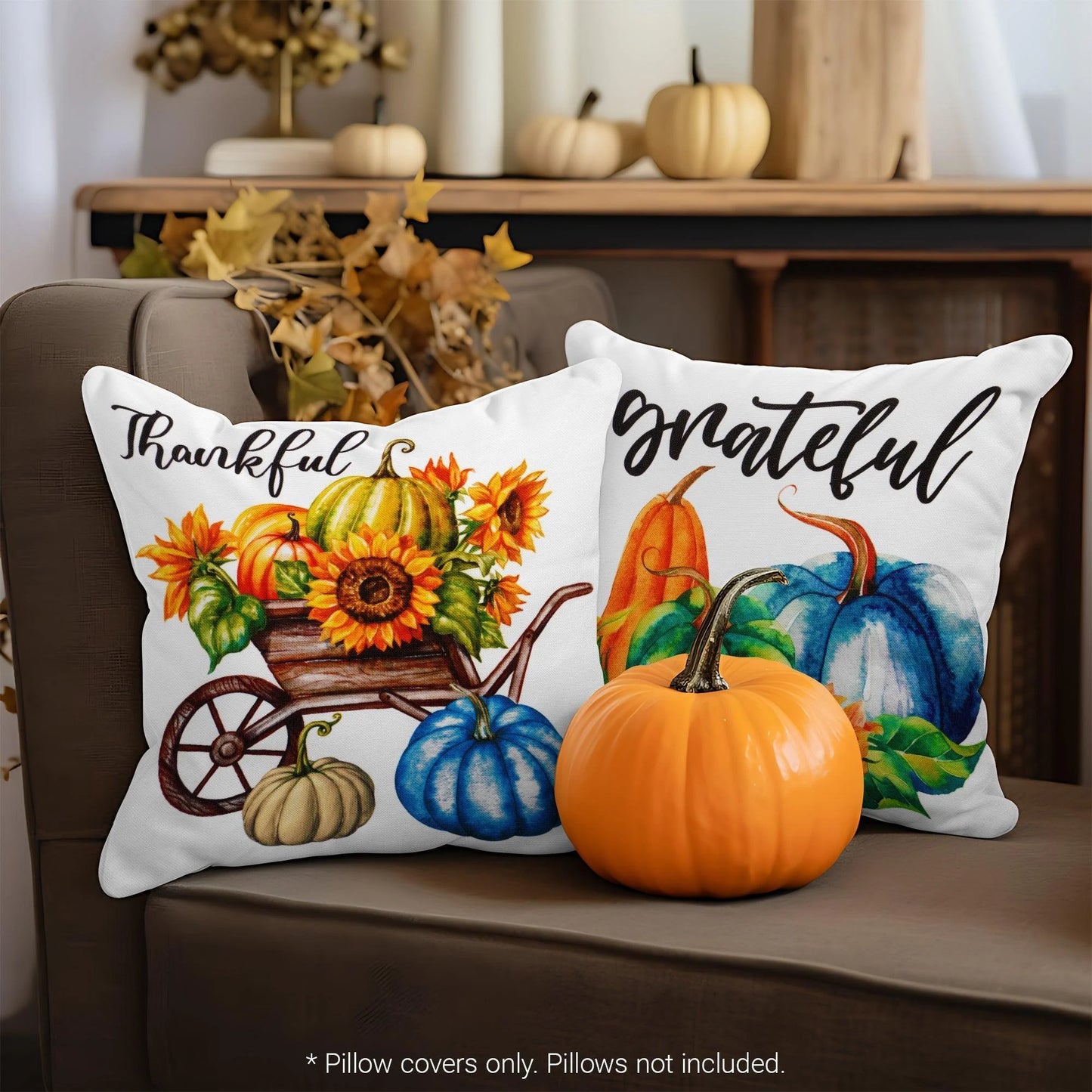 Fall Decoration Pumpkin Thankful Waterproof Throw Pillow Covers 18 X 18 in Set of 4, Beautiful Cushion Covers for Autumn Thanksgiving Sofa Couch Decoration