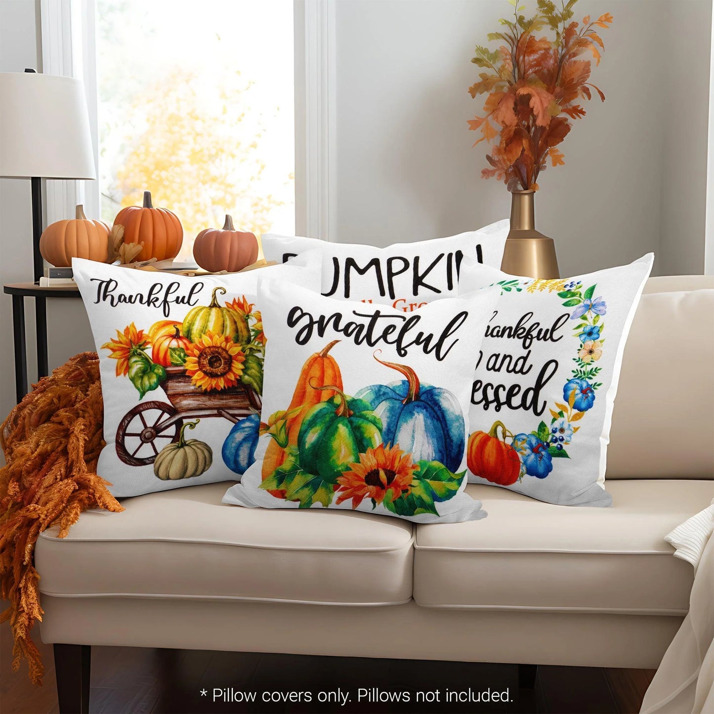 Fall Decoration Pumpkin Thankful Waterproof Throw Pillow Covers 18 X 18 in Set of 4, Beautiful Cushion Covers for Autumn Thanksgiving Sofa Couch Decoration