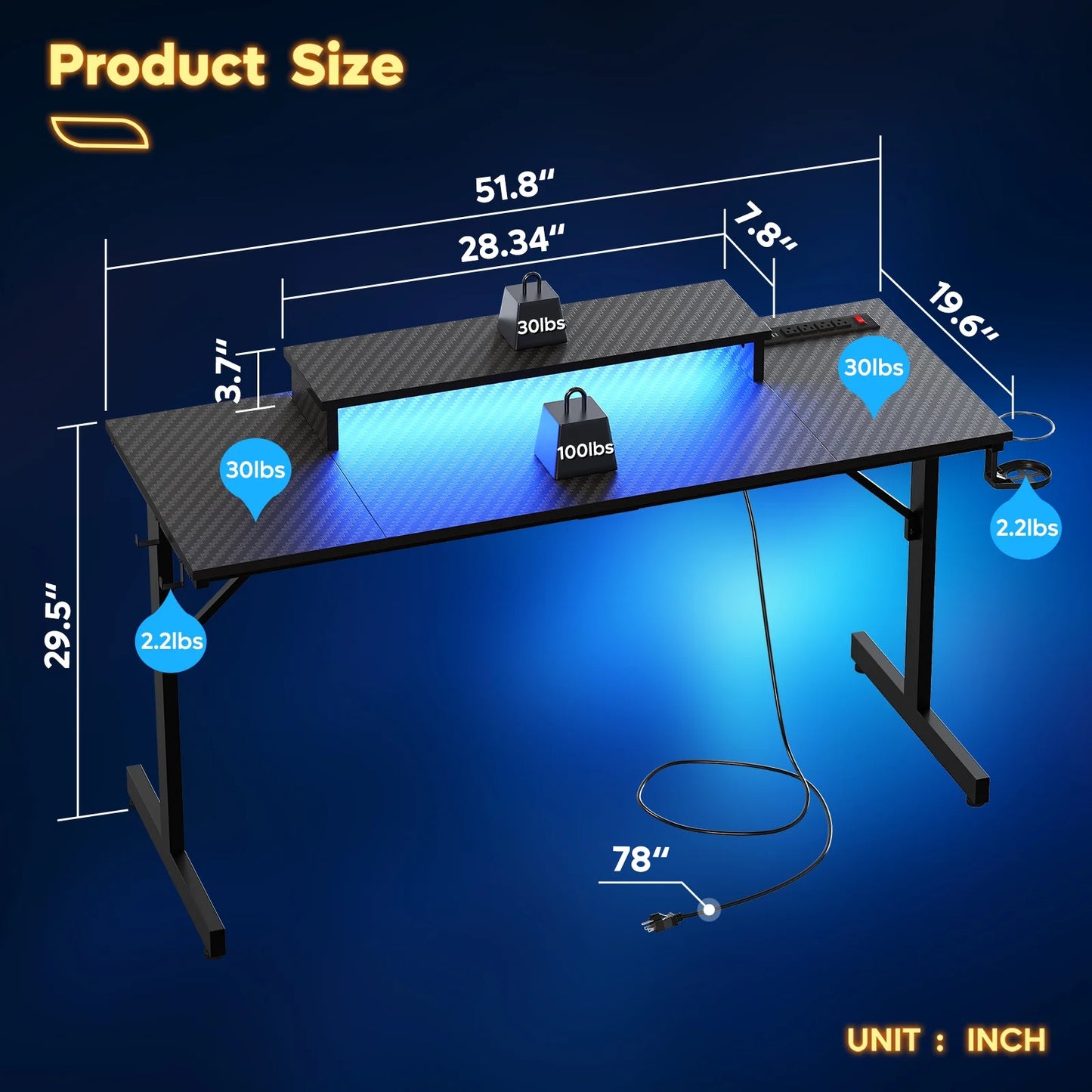 52 Inch Gaming Desk with Power Strip and LED Monitor Stand, Carbon Fiber Black
