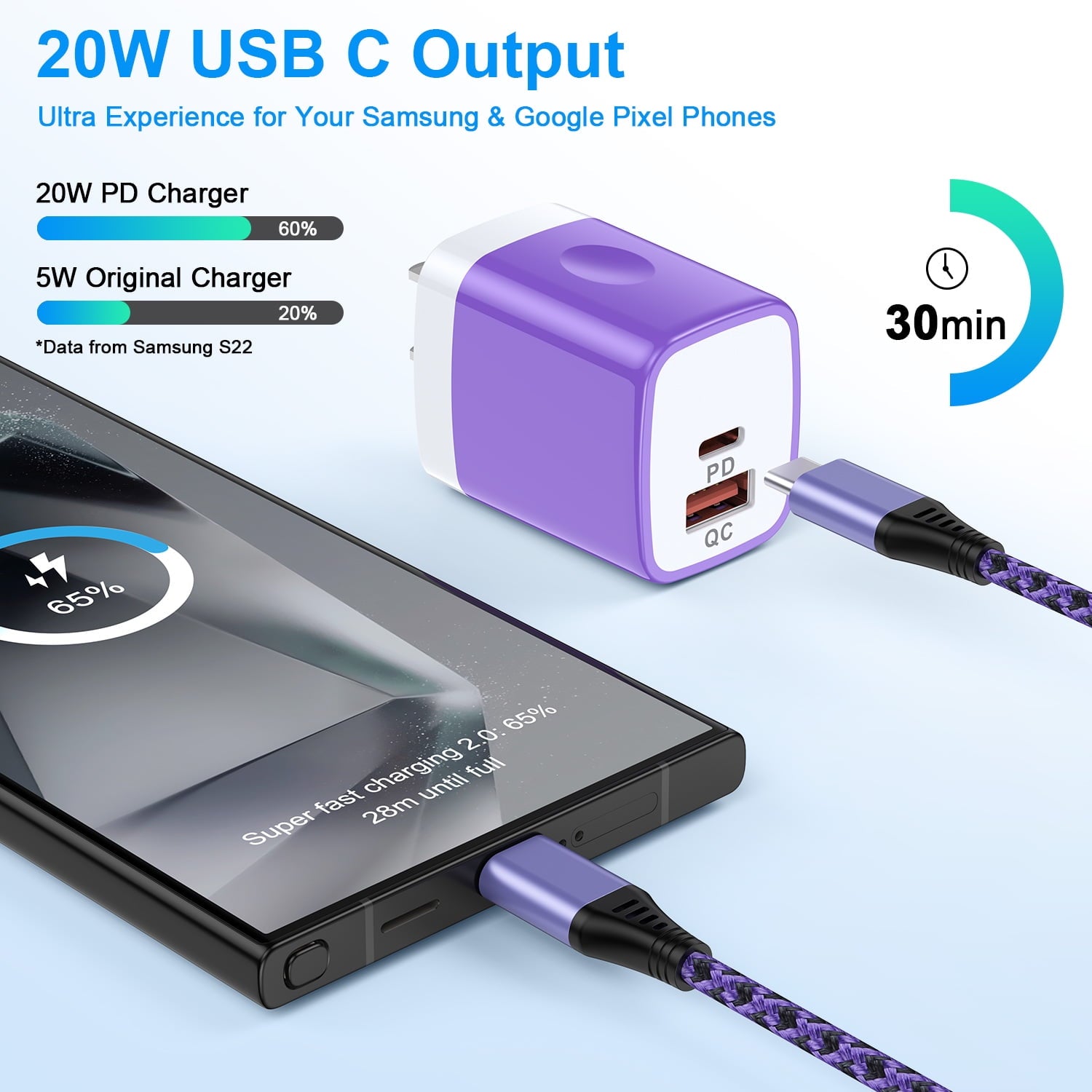 USB C Fast Charger Block, Type C 2PACK 6Ft Cable, Purple