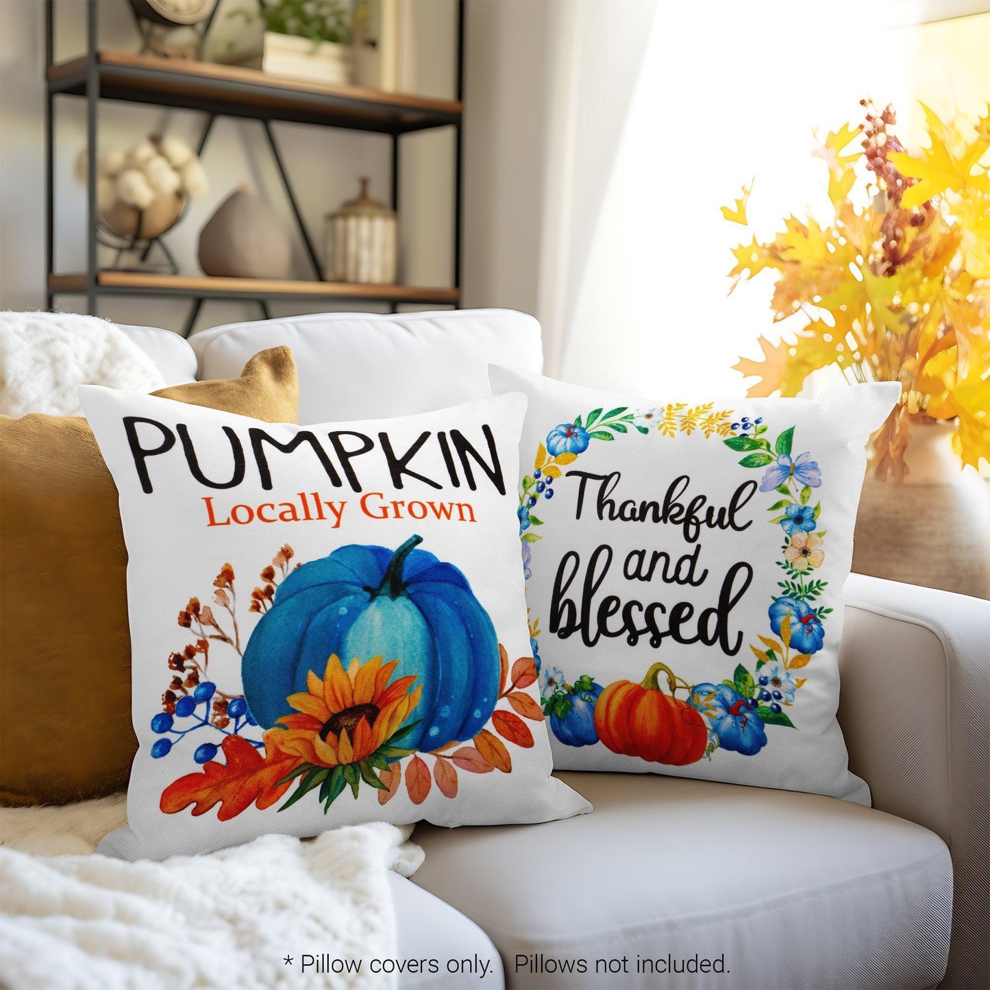 Fall Decoration Pumpkin Thankful Waterproof Throw Pillow Covers 18 X 18 in Set of 4, Beautiful Cushion Covers for Autumn Thanksgiving Sofa Couch Decoration