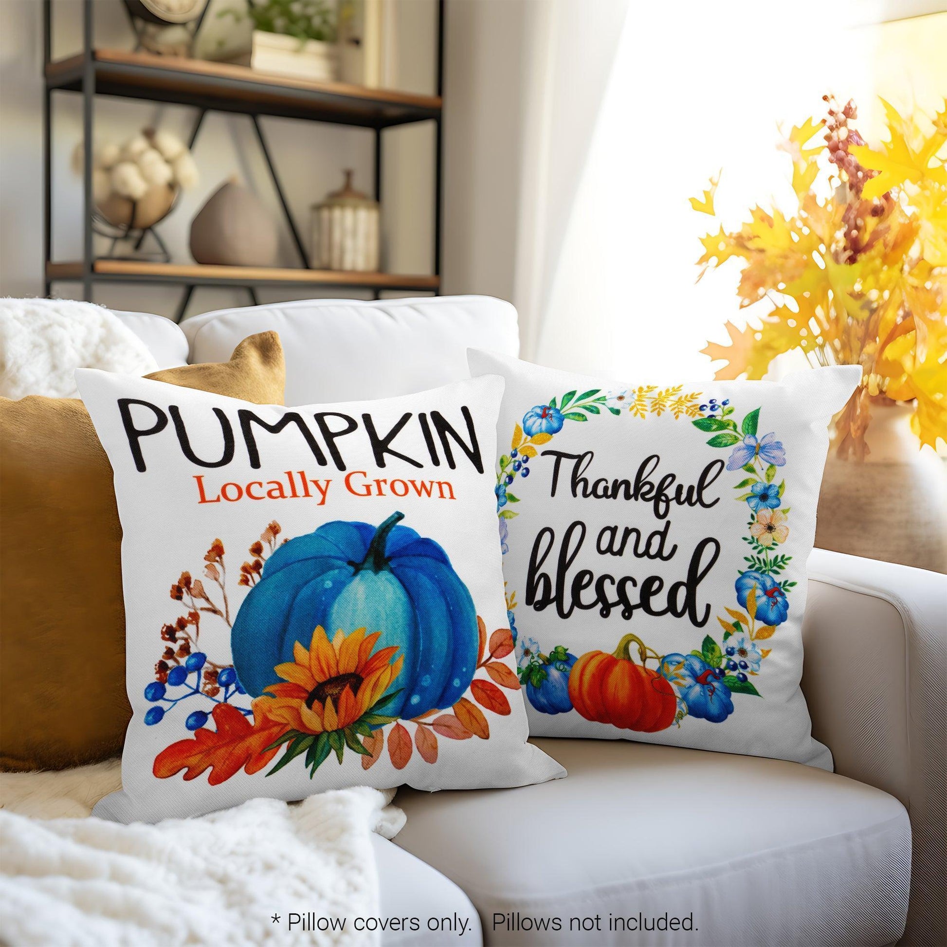 Fall Decoration Pumpkin Thankful Waterproof Throw Pillow Covers 18 X 18 in Set of 4, Beautiful Cushion Covers for Autumn Thanksgiving Sofa Couch Decoration