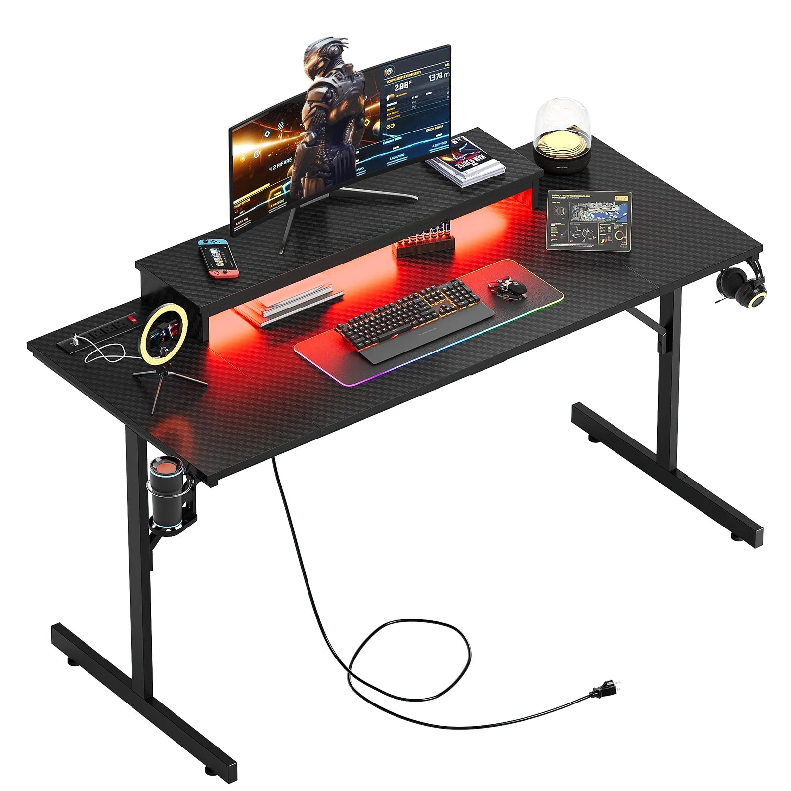 52 Inch Gaming Desk with Power Strip and LED Monitor Stand, Carbon Fiber Black
