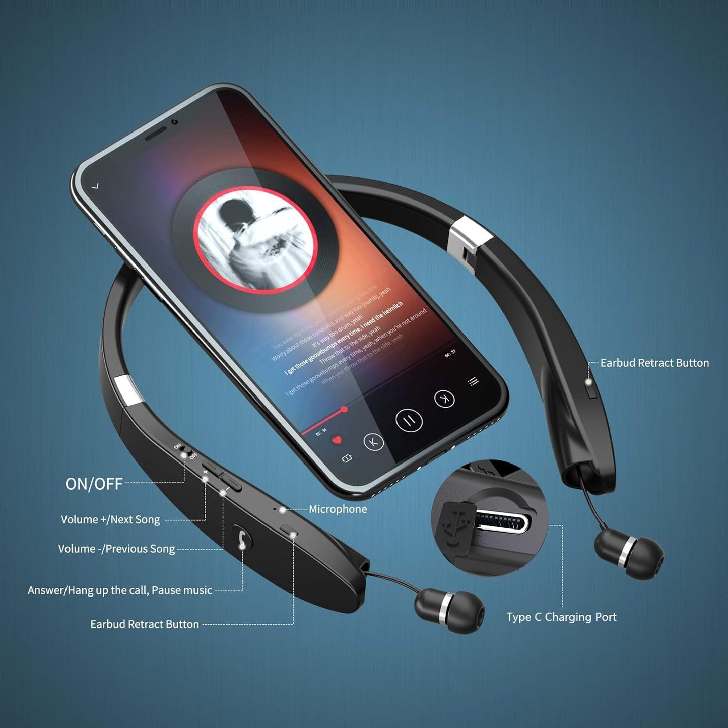 Foldable Bluetooth Headphones Wireless Neckband Headset with Retractable Earbuds