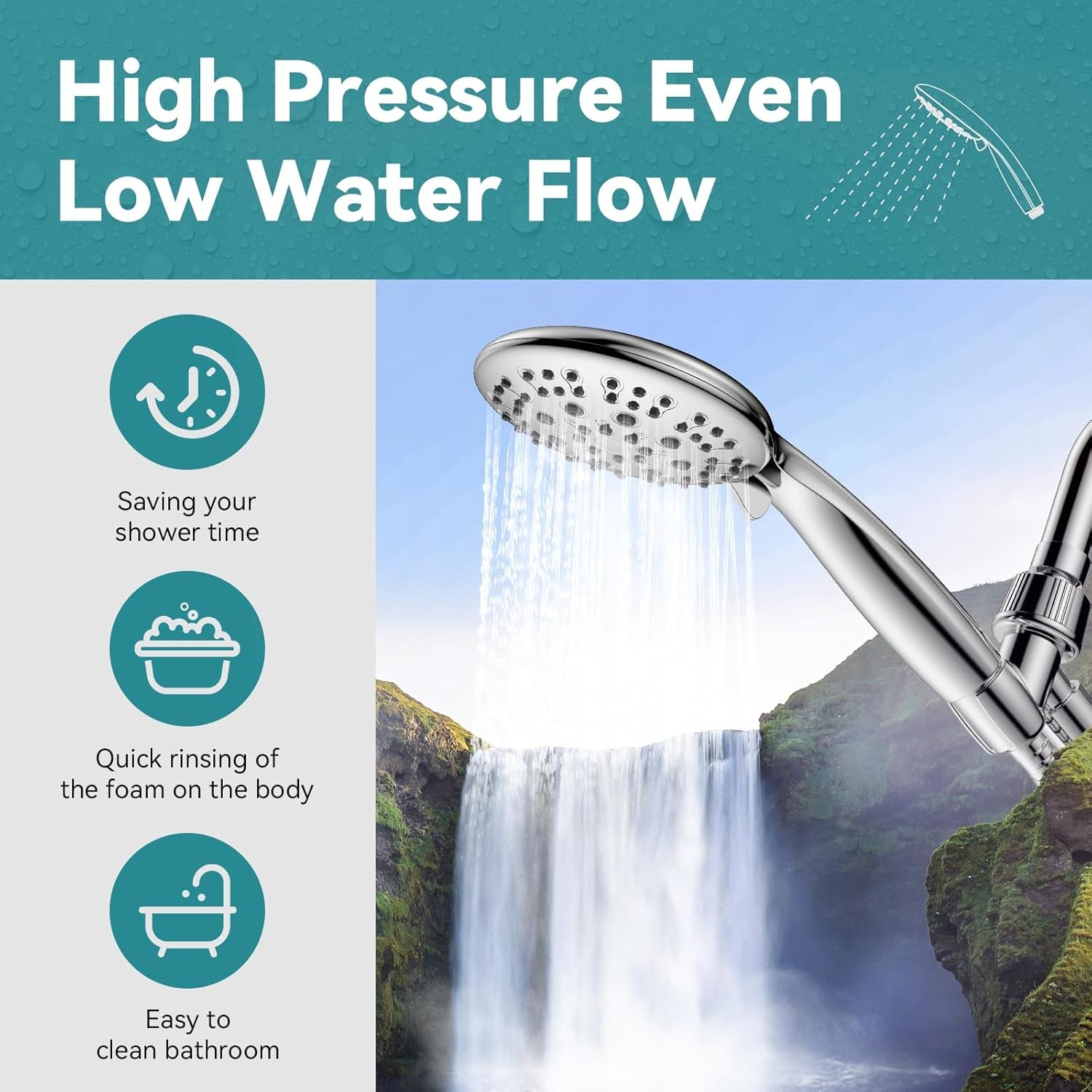High Pressure Shower Head with Handheld,  6 Spray Settings 