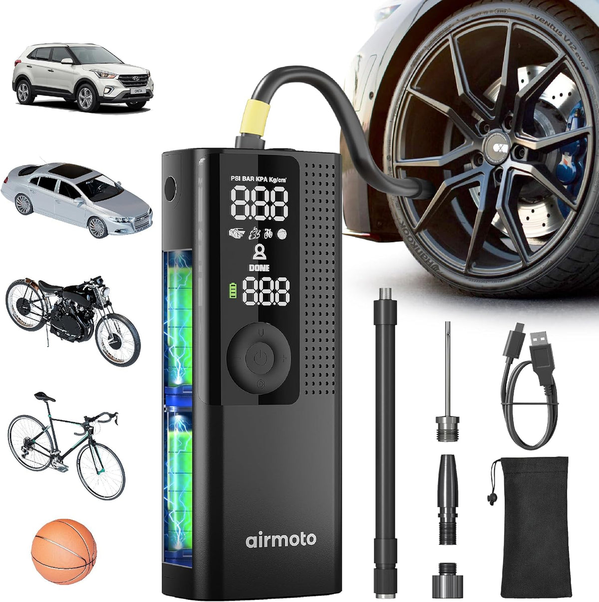 Airmoto Tire Inflator Portable Air Compressor - Air Pump for Car Tires with Digital Pressure Gauge, LED Light and Auto Shut-Off Function - Cordless Pump for Car, Motorcycle, Bicycle, Ball