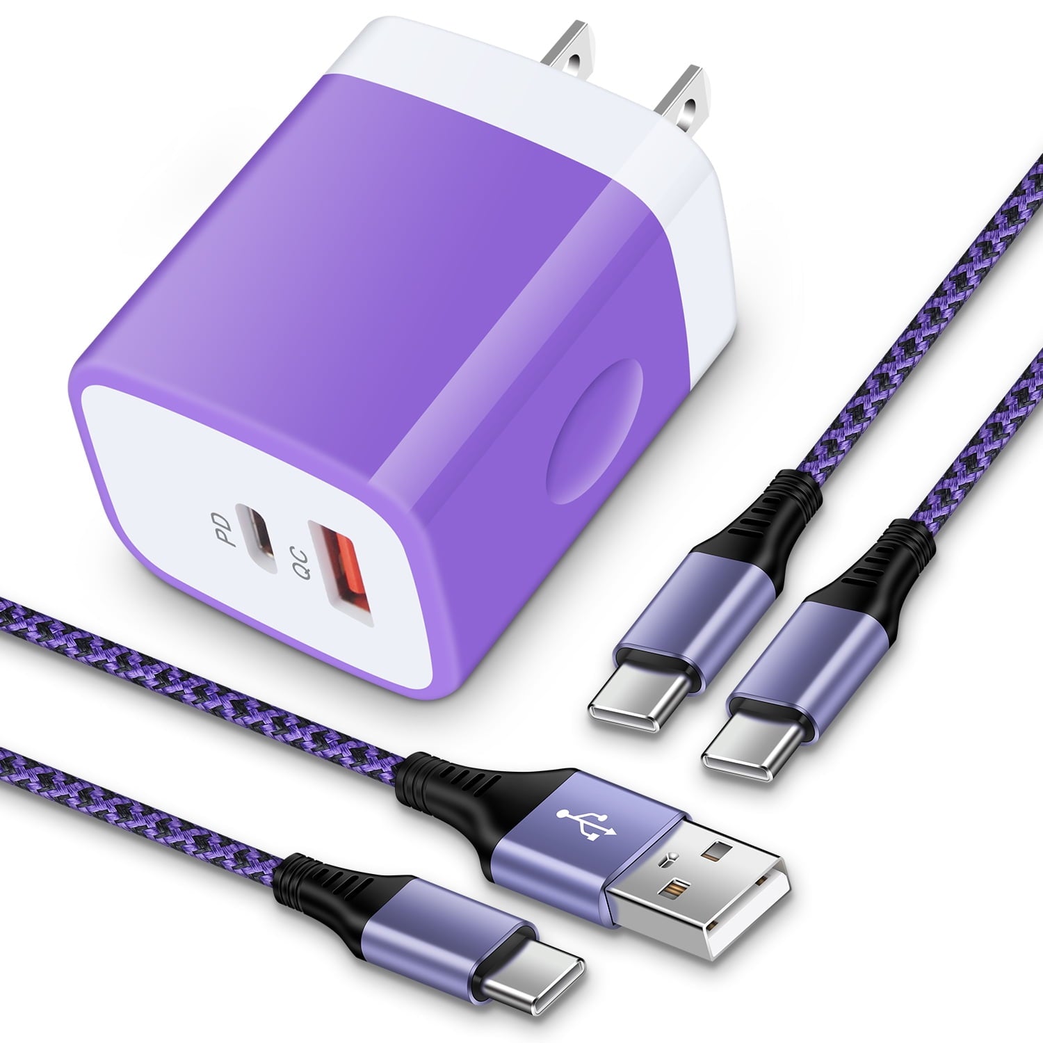 USB C Fast Charger Block, Type C 2PACK 6Ft Cable, Purple