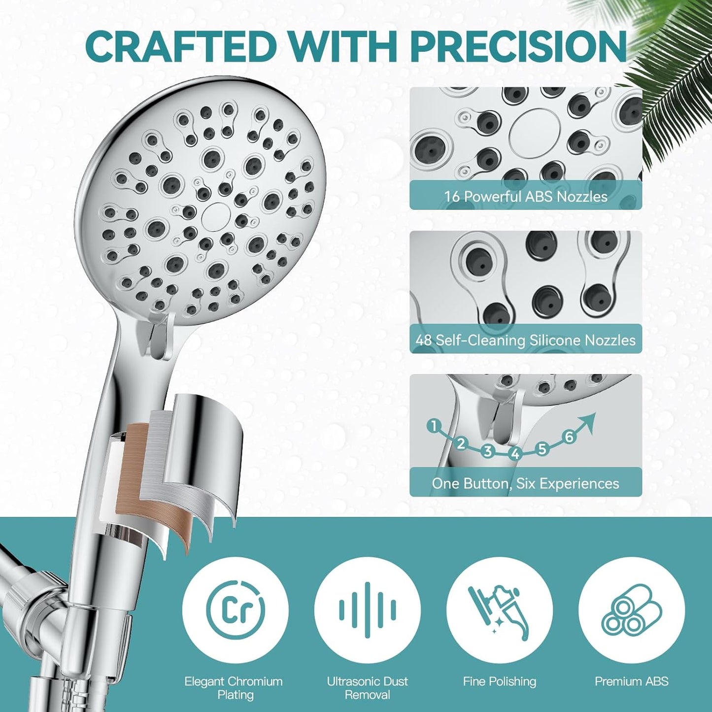 High Pressure Shower Head with Handheld,  6 Spray Settings 
