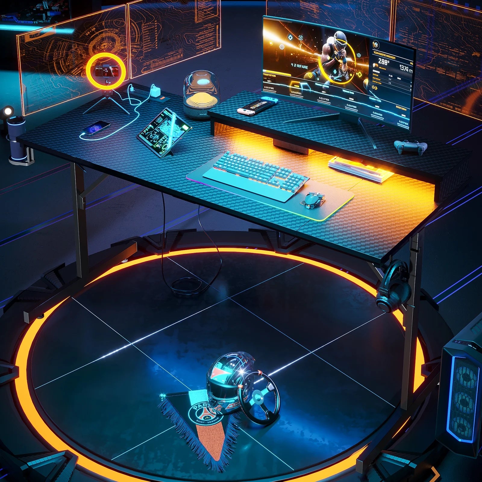 52 Inch Gaming Desk with Power Strip and LED Monitor Stand, Carbon Fiber Black