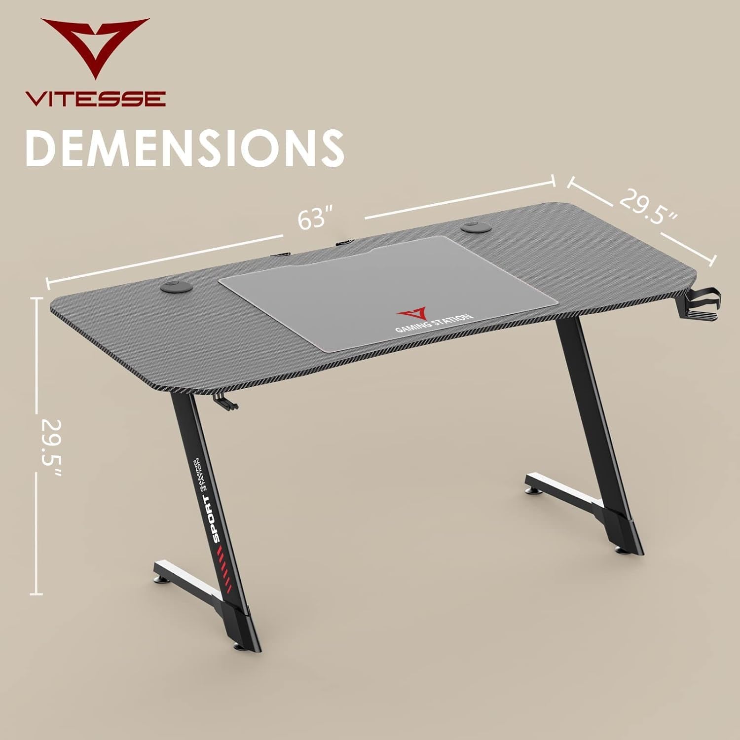 VITESSE 63 Inch Gaming Desk, Z Shaped with Large Mouse Pad, Black
