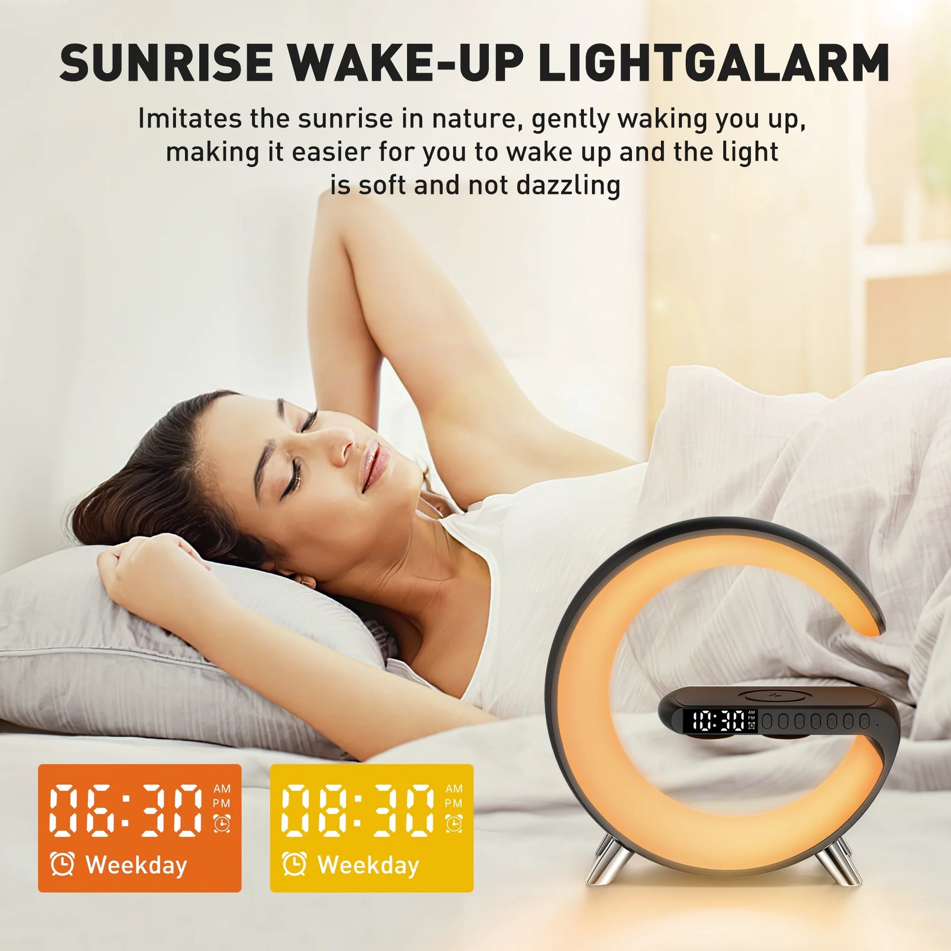 Bluetooth Atmosphere Lamp Alarm Clock, 15W Fast Wireless Charger, Dimmable Night Light