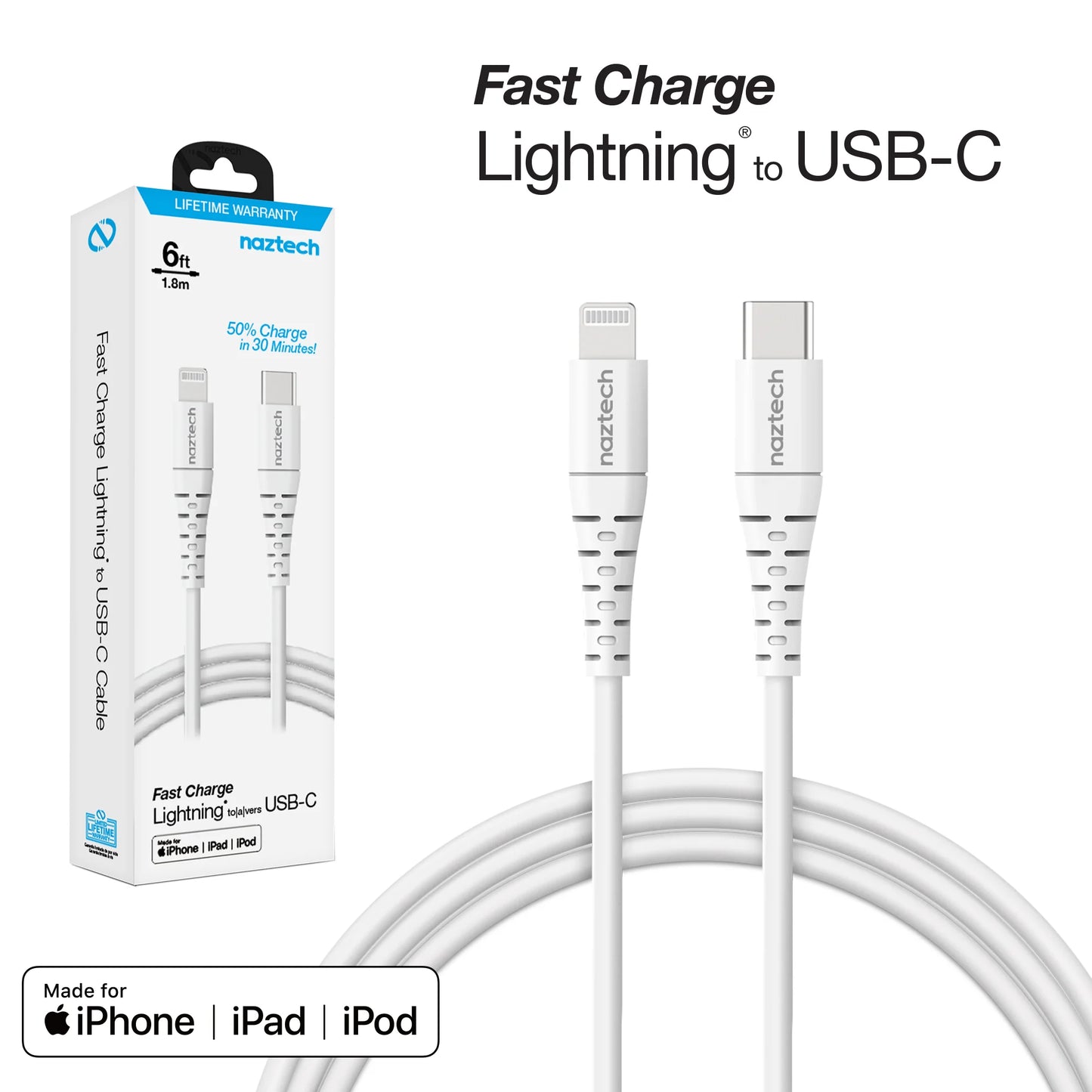 Naztech PD MFI Lightning to USB-C Cable 6Ft White