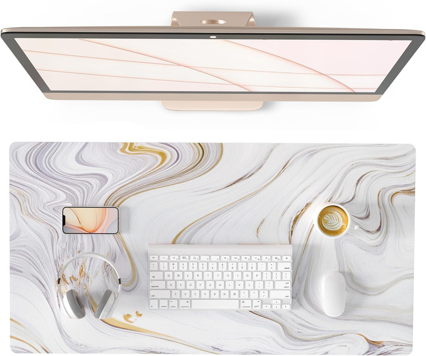 White Mouse Pad, Cute Marble Large Desk Mat, Waterproof, Non Slip 