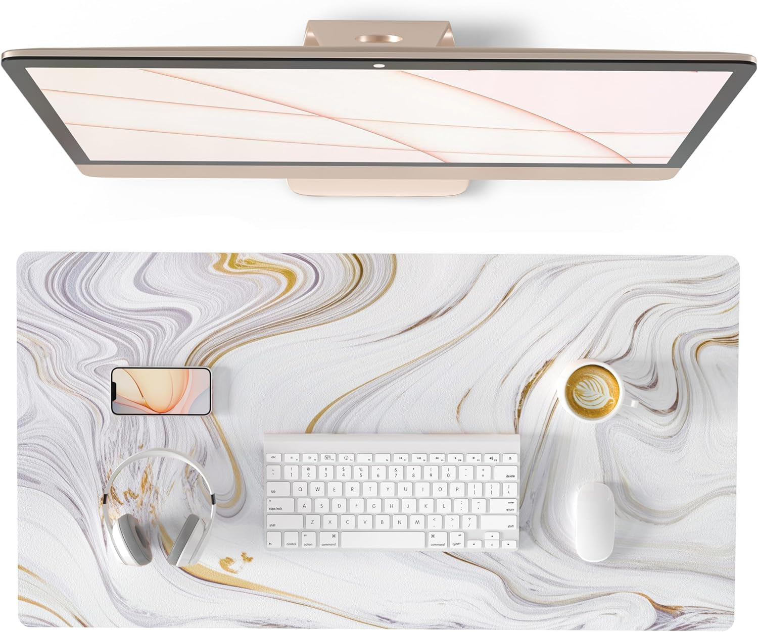 White Mouse Pad, Cute Marble Large Desk Mat, Waterproof, Non Slip 