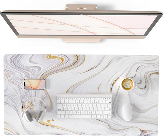 White Mouse Pad, Cute Marble Large Desk Mat, Waterproof, Non Slip 