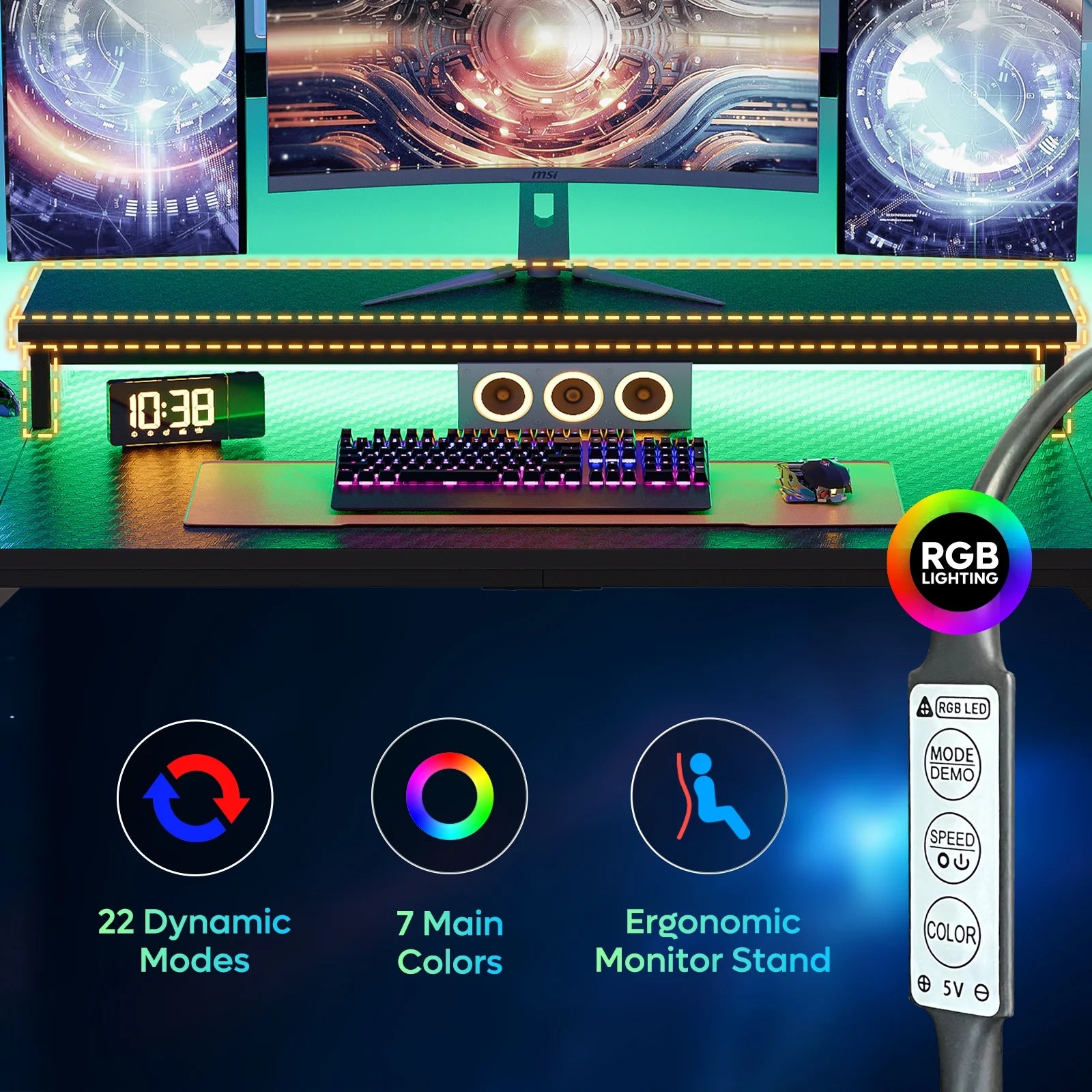 52 Inch Gaming Desk with Power Strip and LED Monitor Stand, Carbon Fiber Black