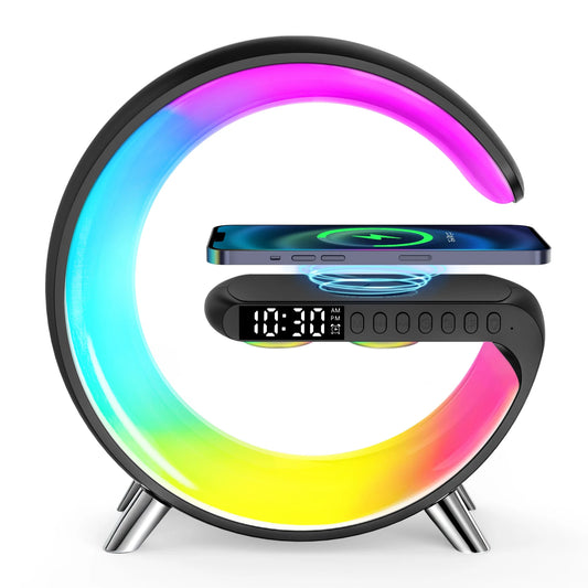 Bluetooth Atmosphere Lamp Alarm Clock, 15W Fast Wireless Charger, Dimmable Night Light