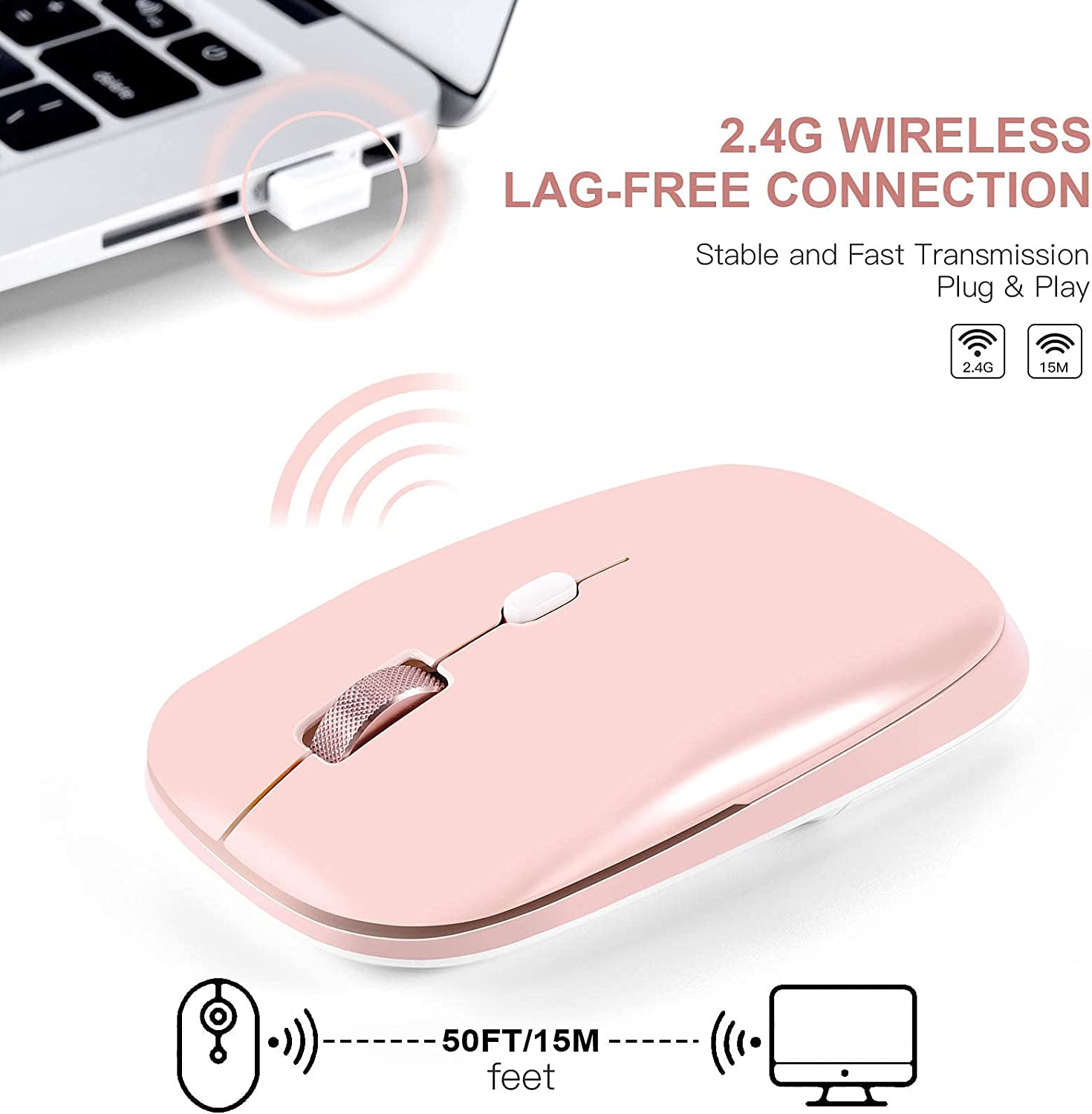 PINKCAT Wireless Flat Mouse, 2.4G Optical Mouse (Pink)