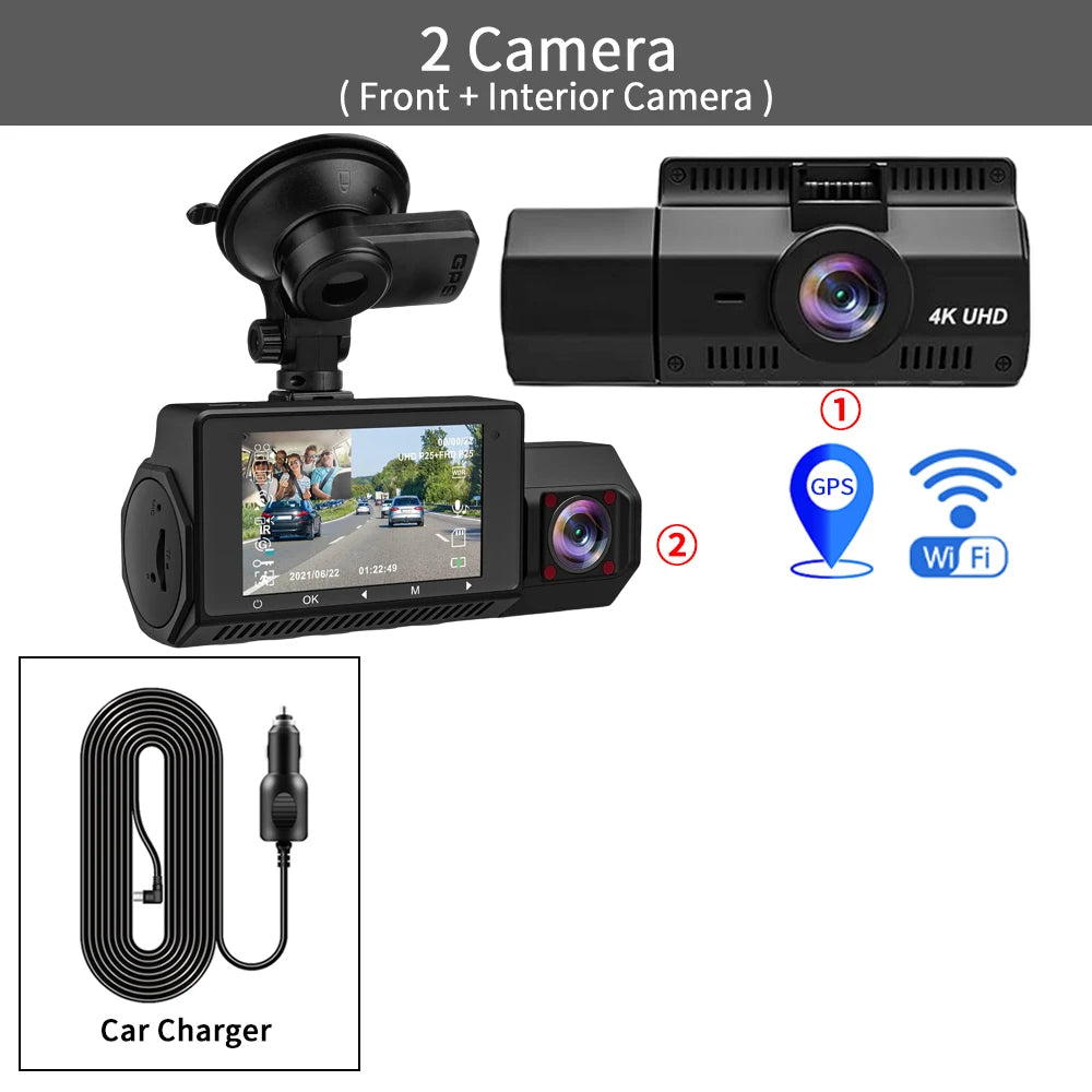 3 Channel Dash Cam Front inside Rear Three Way Car Dash Camera 4K+1080P Dual Channel with Wifi GPS IR Night Vision DVR Black Box